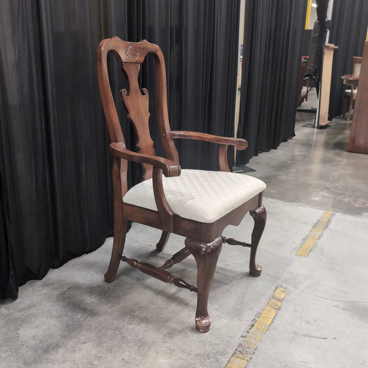 Queen Anne Style Upholstered Dining Armchair in Dark Wood