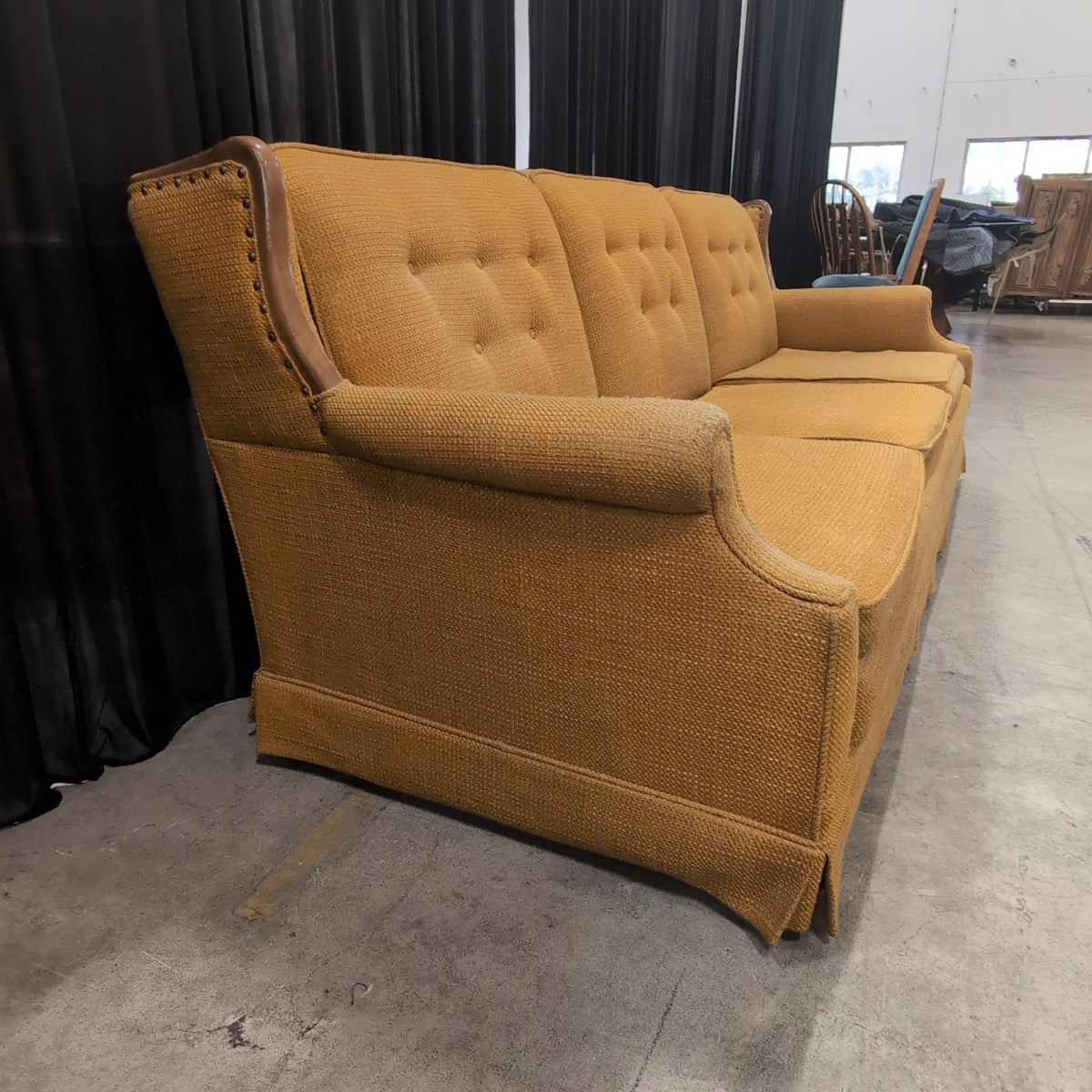 Vintage Mustard Yellow Tufted Couch with Wood Trim