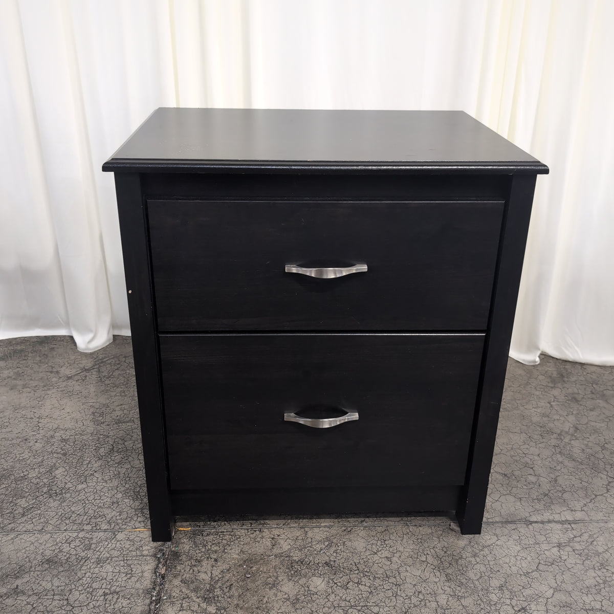 Dark Wood Two-Drawer Nightstand with Silver Handles