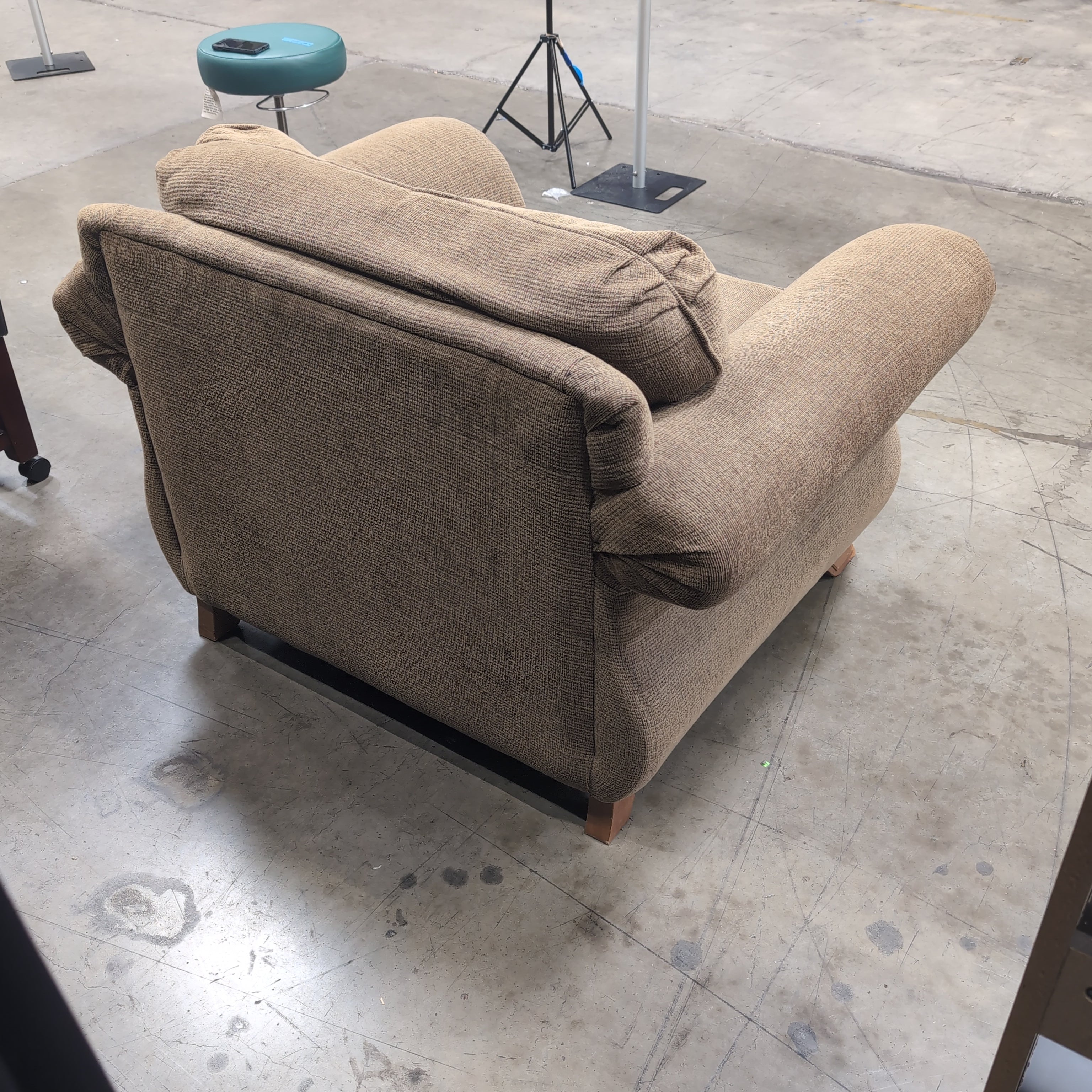 Brown Textured Fabric Armchair with Wood Accents