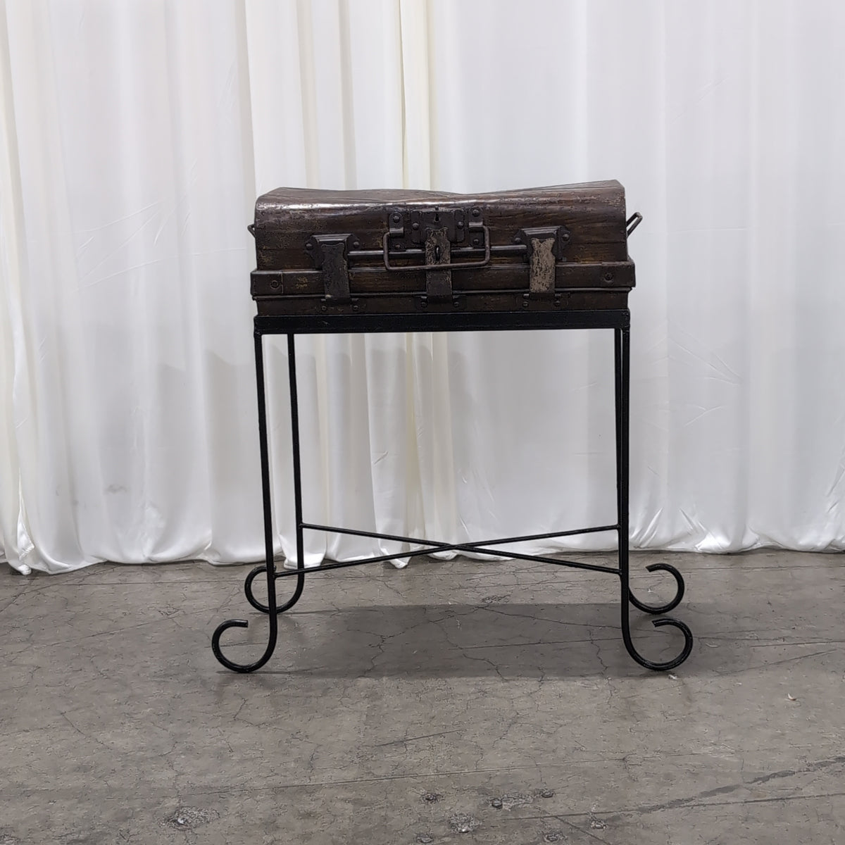 Rustic Brown Metal Trunk on Metal Stand