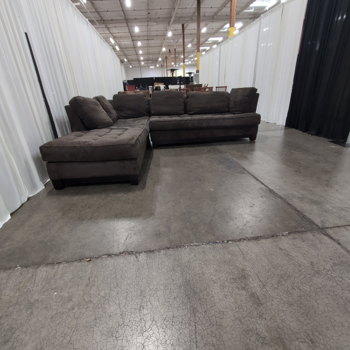 Dark Brown Microfiber L-Shaped Sectional Couch with Tufted Seats