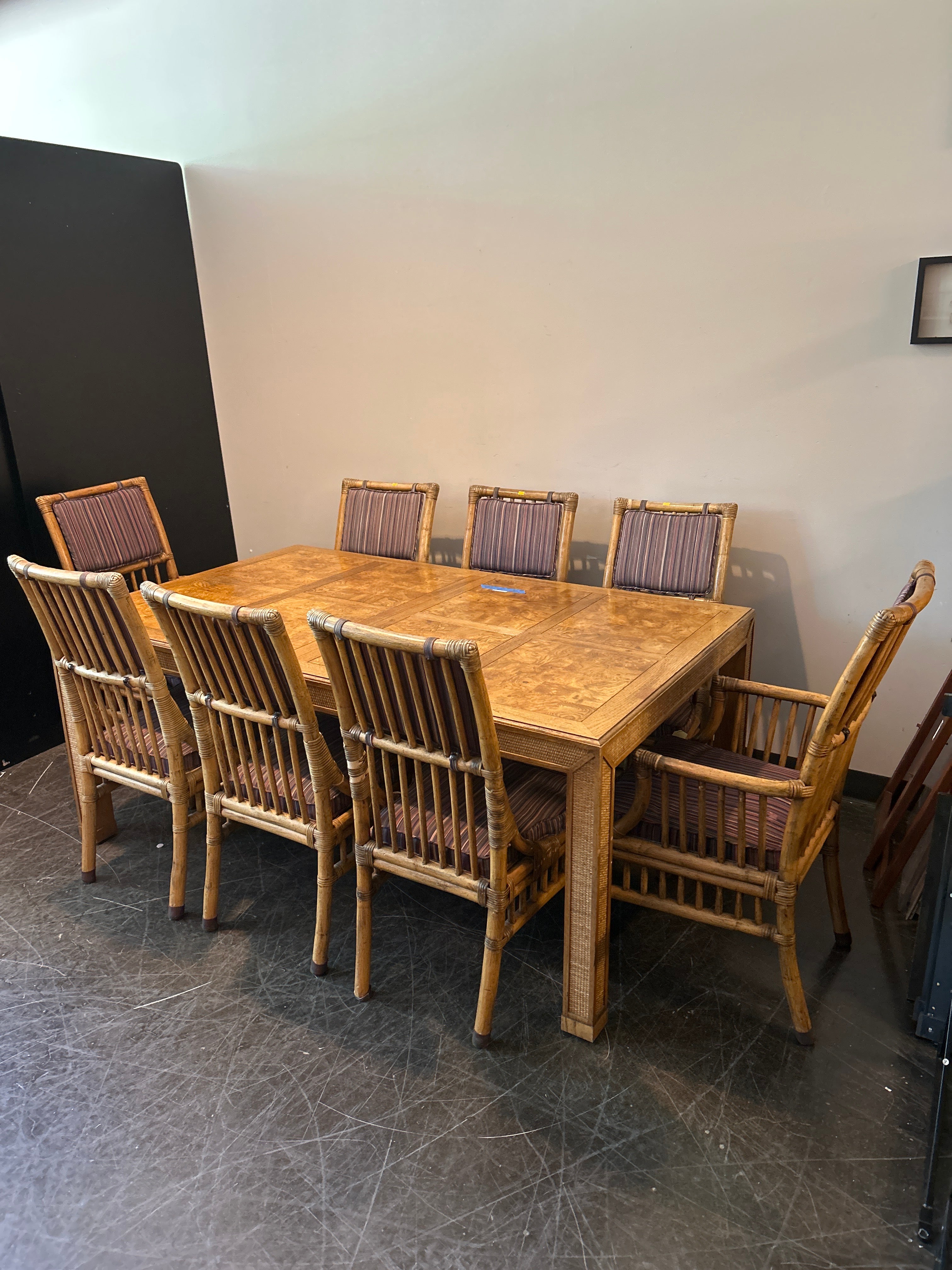 Henredon Burl Wood Dining Table – Cane Accents, Modern Deco Style