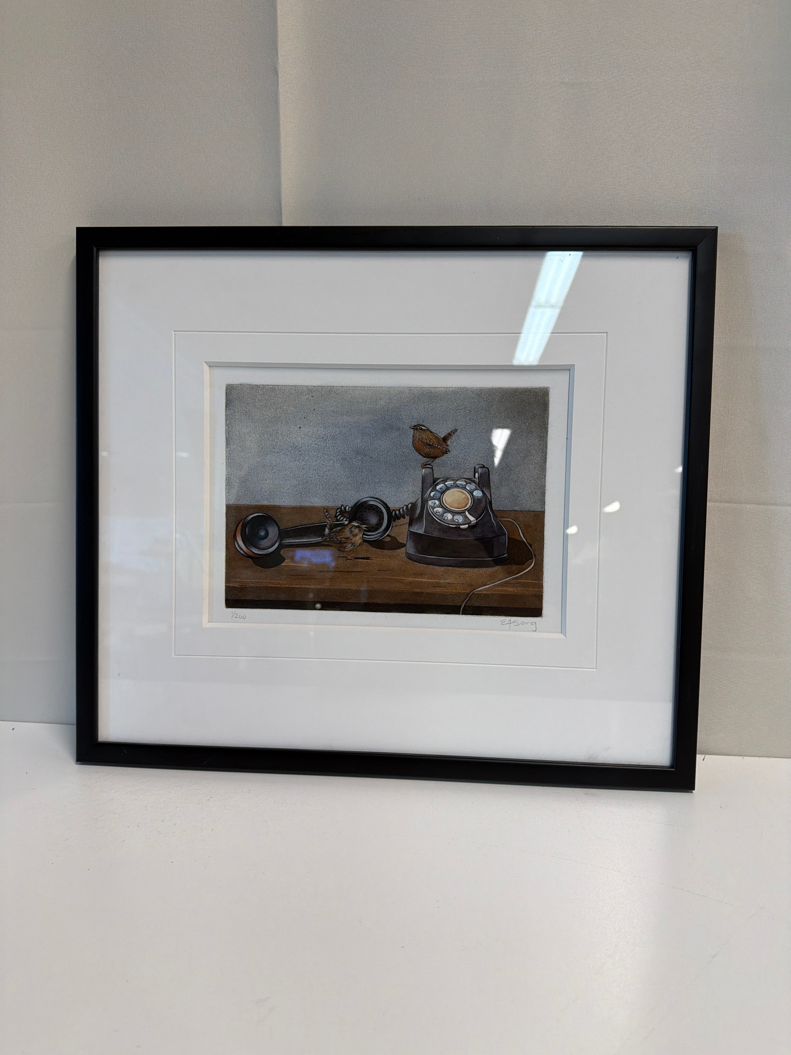 Limited Edition Rotary Telephone and Bird Framed Art Print by PNW artist