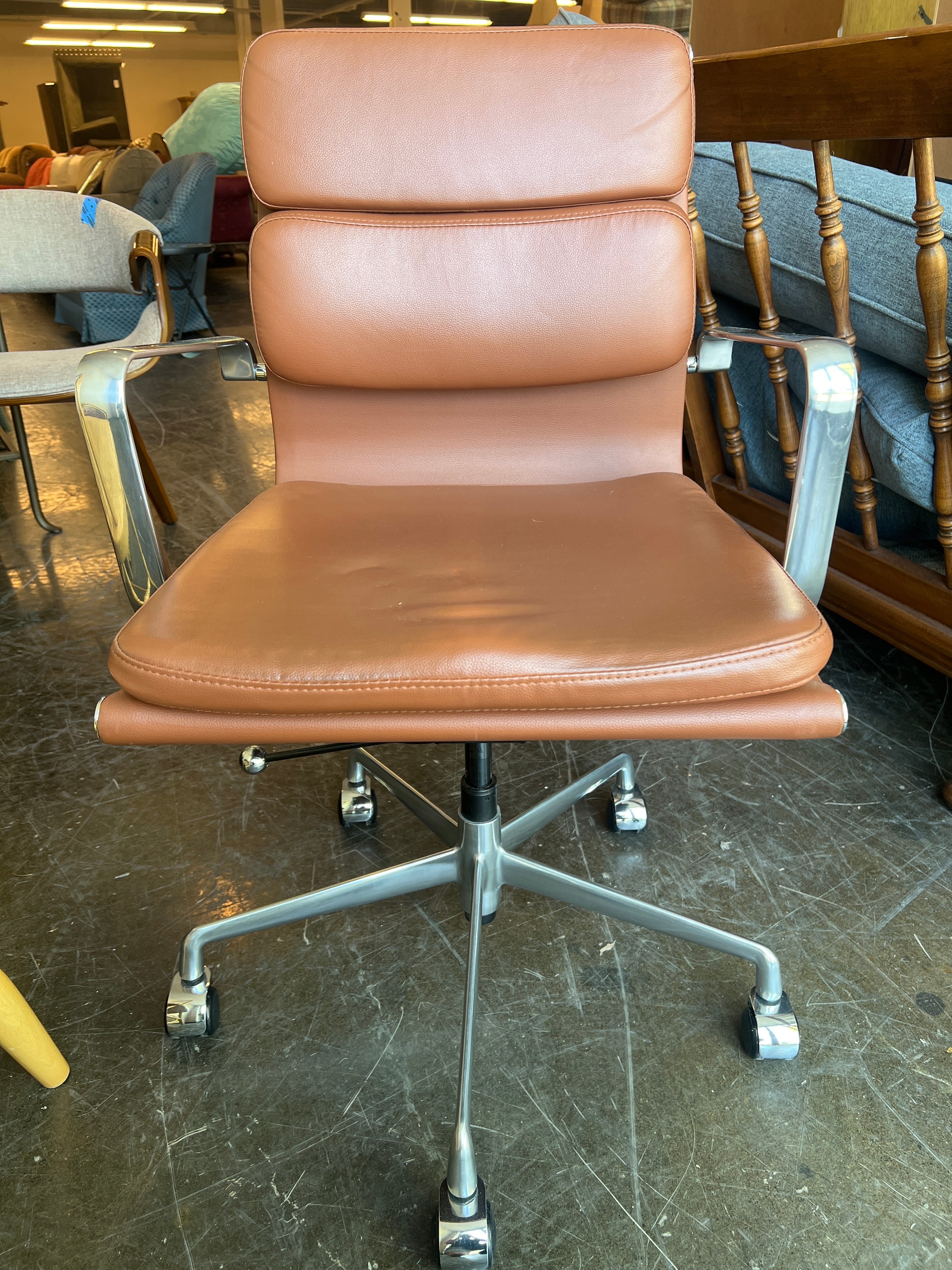 Mid-Century Modern Brown Leather Office Chair with Chrome Base