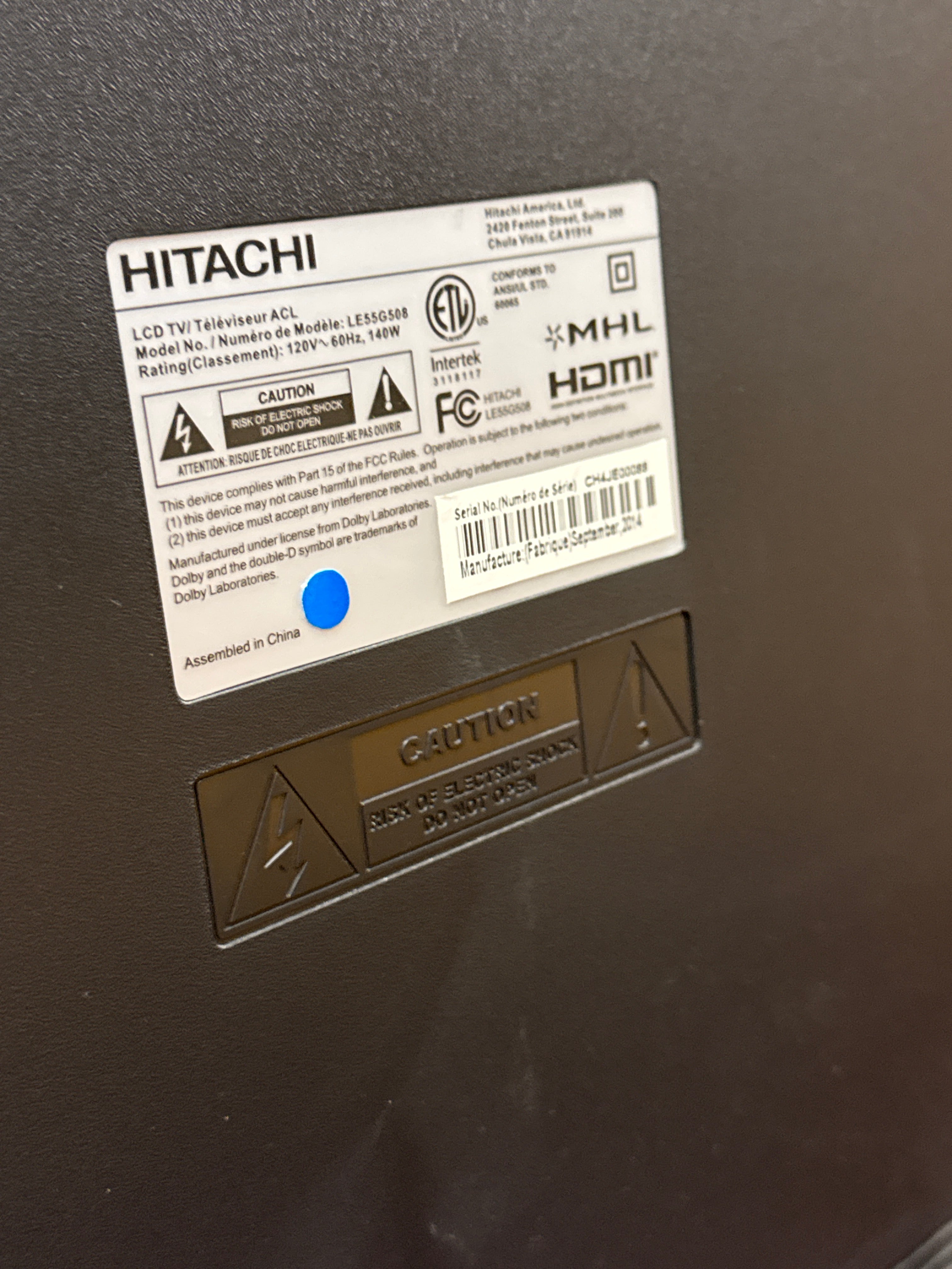 Hitachi 55" LED LCD TV (Model LE55G508) with HDMI & MHL