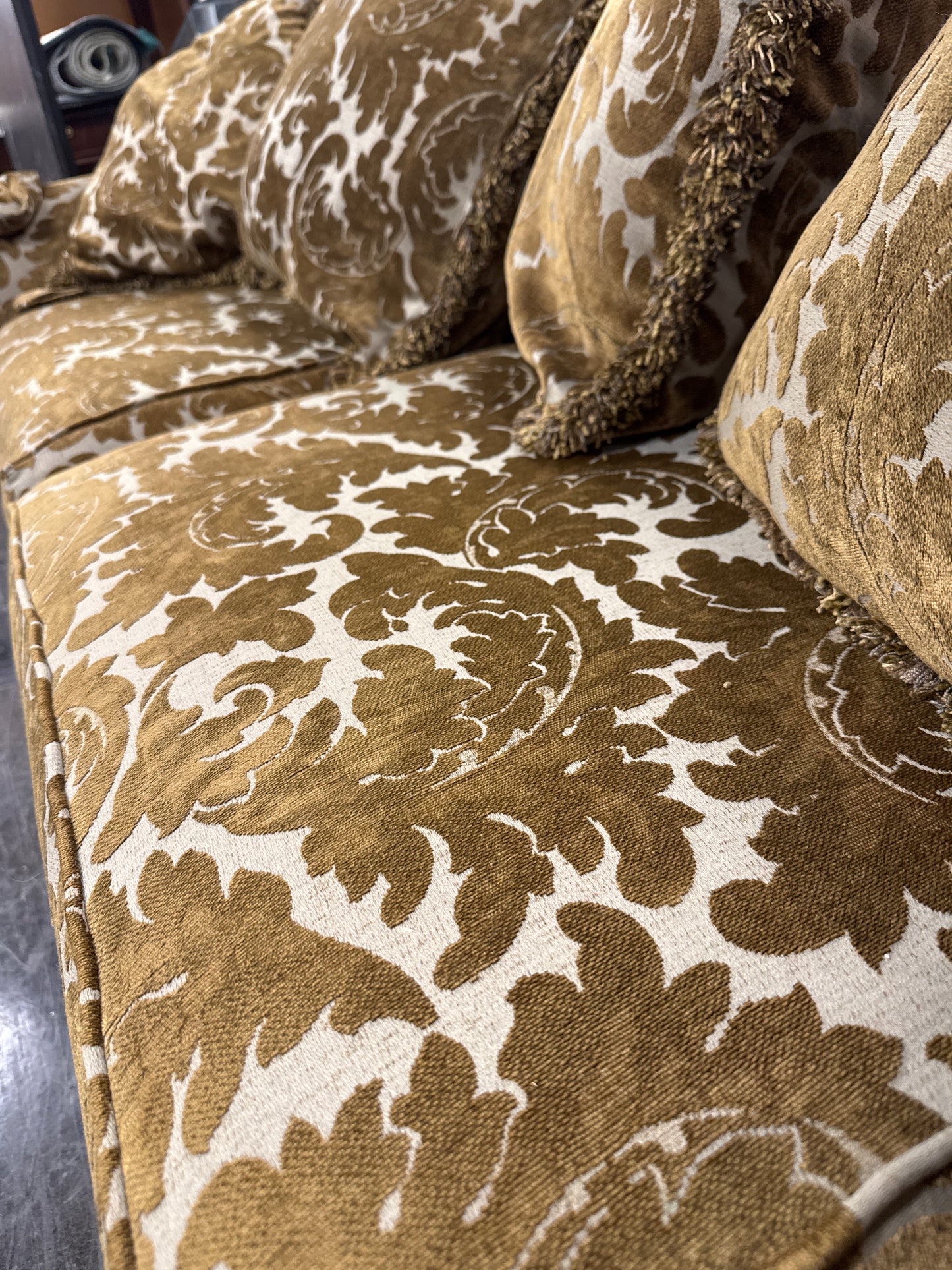 Vintage Bassett Damask Sofa with Fringe Trim Pillows we