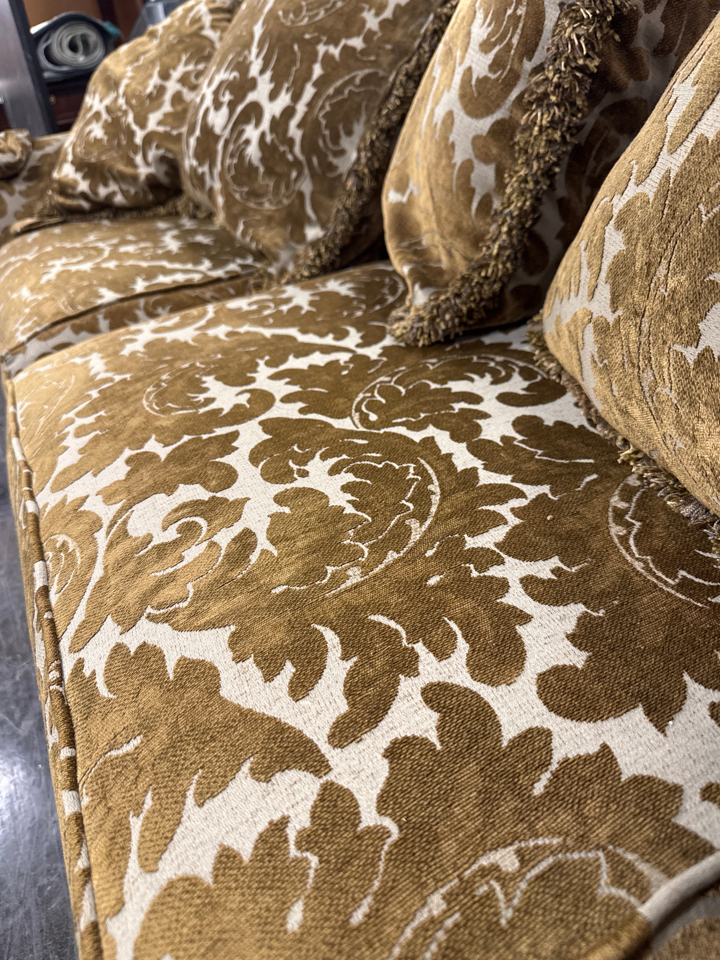 Vintage Bassett Damask Sofa with Fringe Trim Pillows we