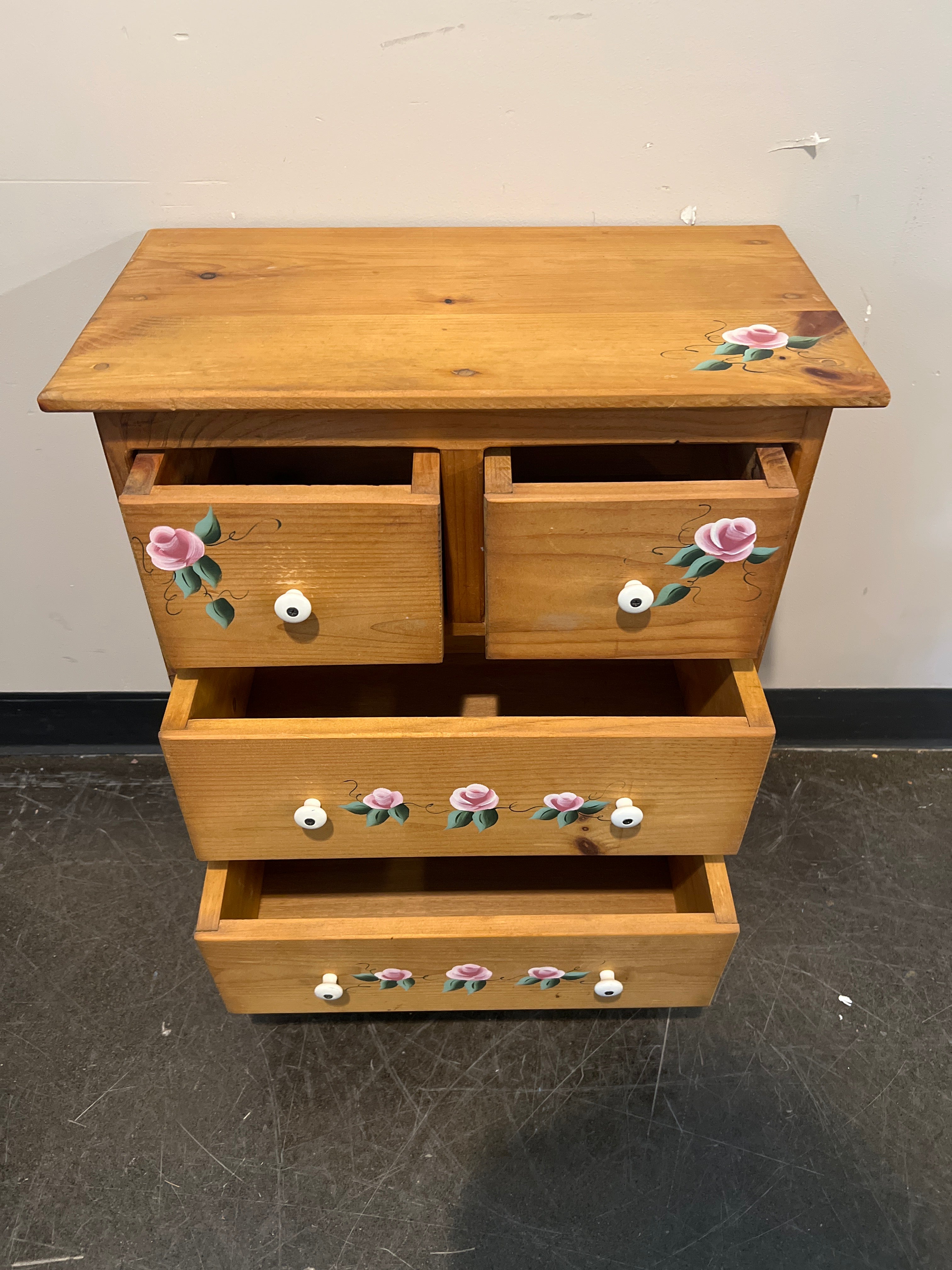 Hand-Painted 4-Drawer Pine Dresser with Floral Accents