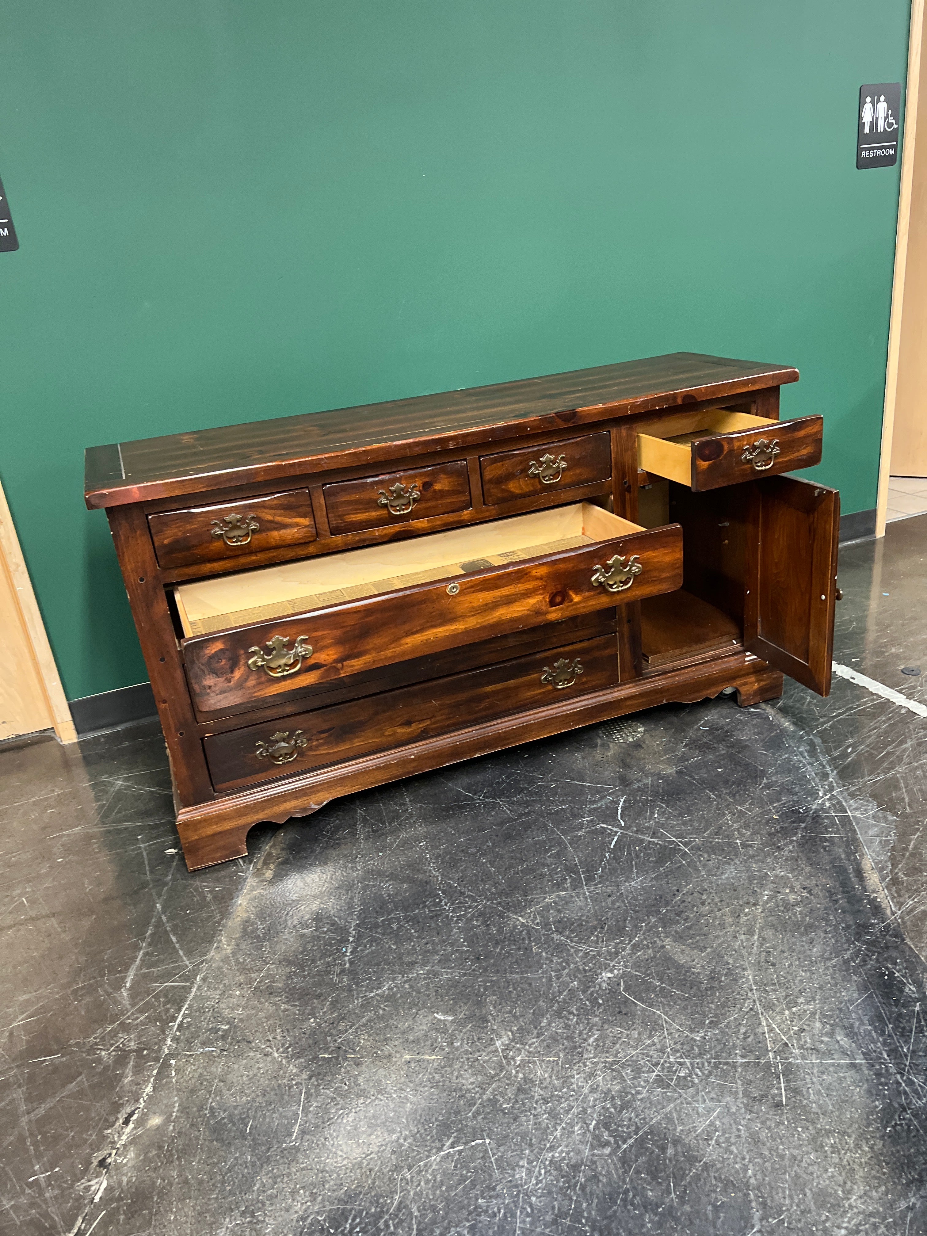 Rustic Brown Seven Drawer and One Cabinet Hardwood Dresser