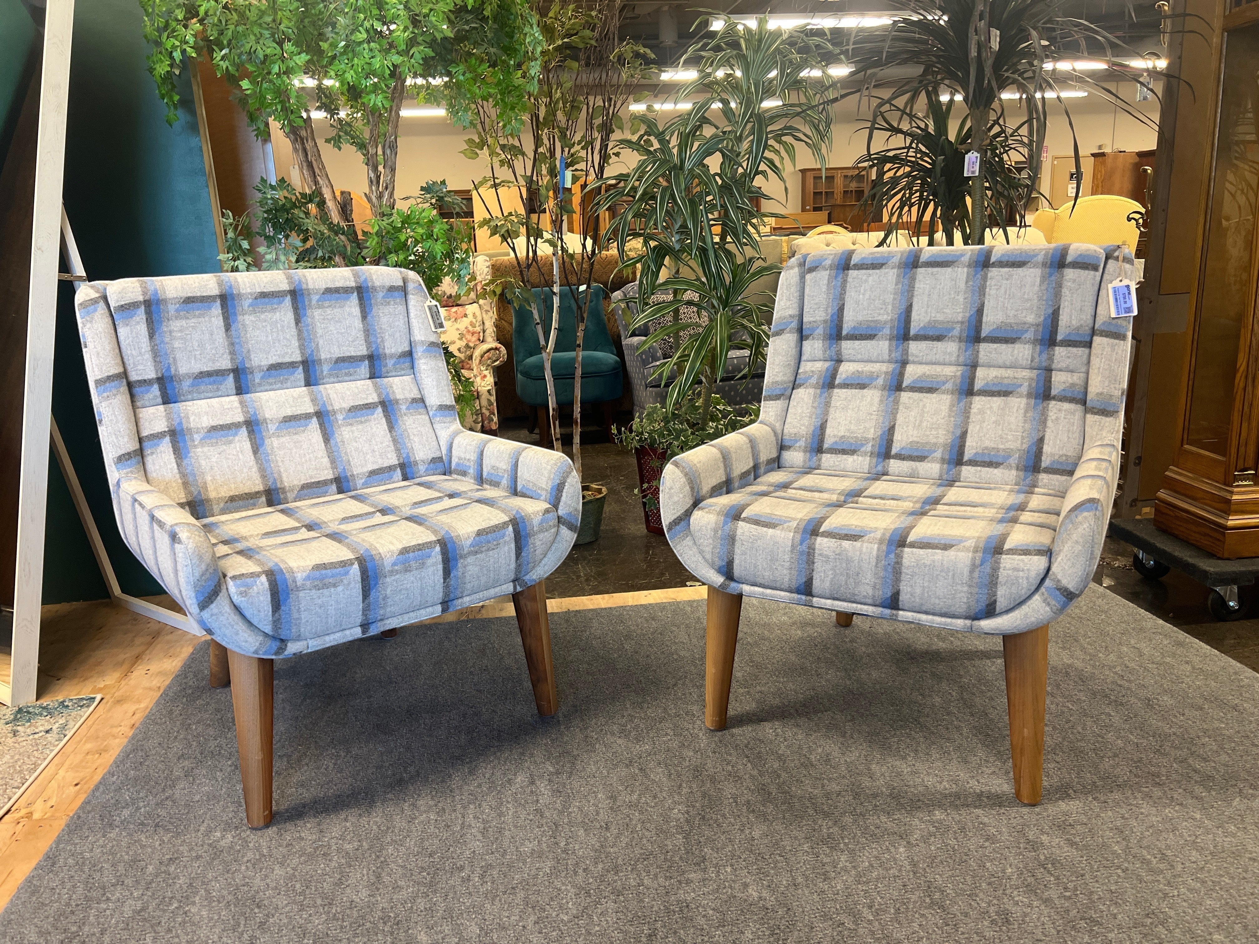 NaughtOne "Always Wood" Lounge Chair in Striped Slate & Sky Blue on Solid Oak