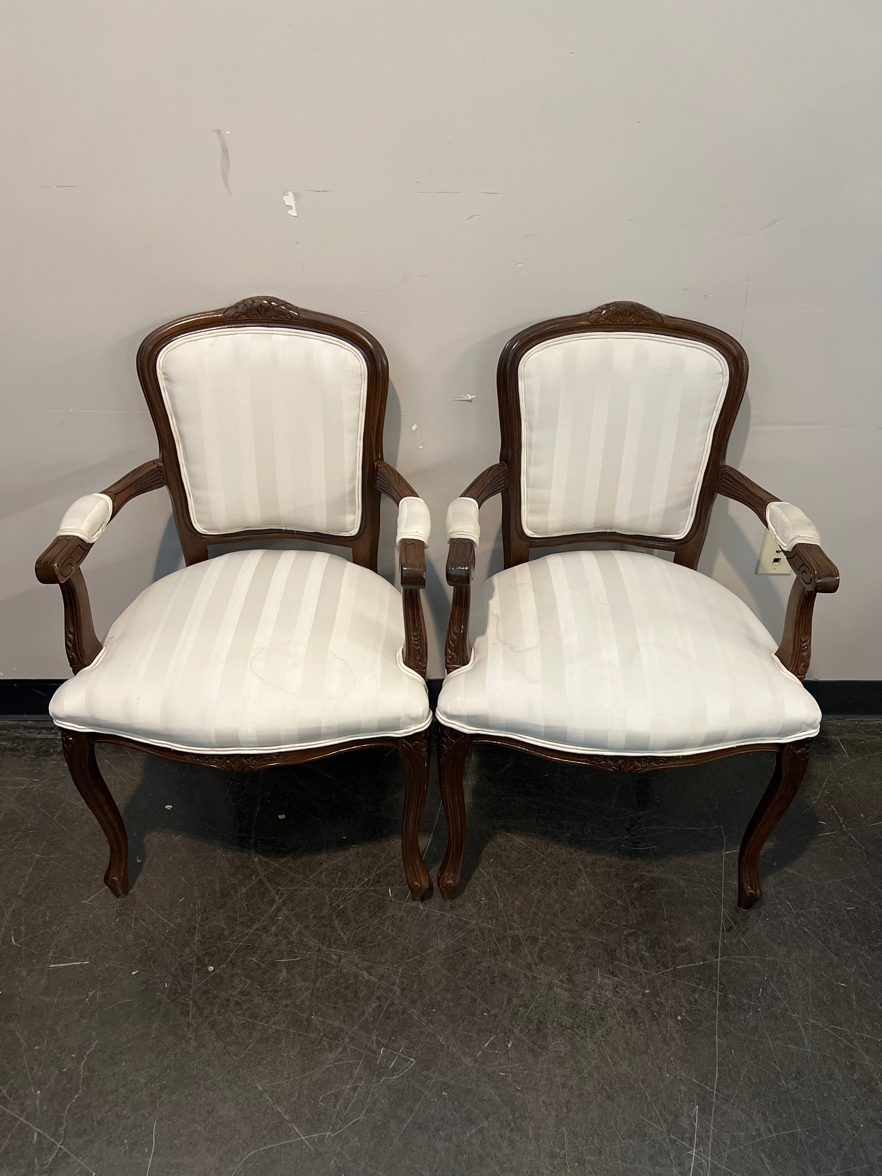 Brown Wooden Armchairs with Striped Upholstery