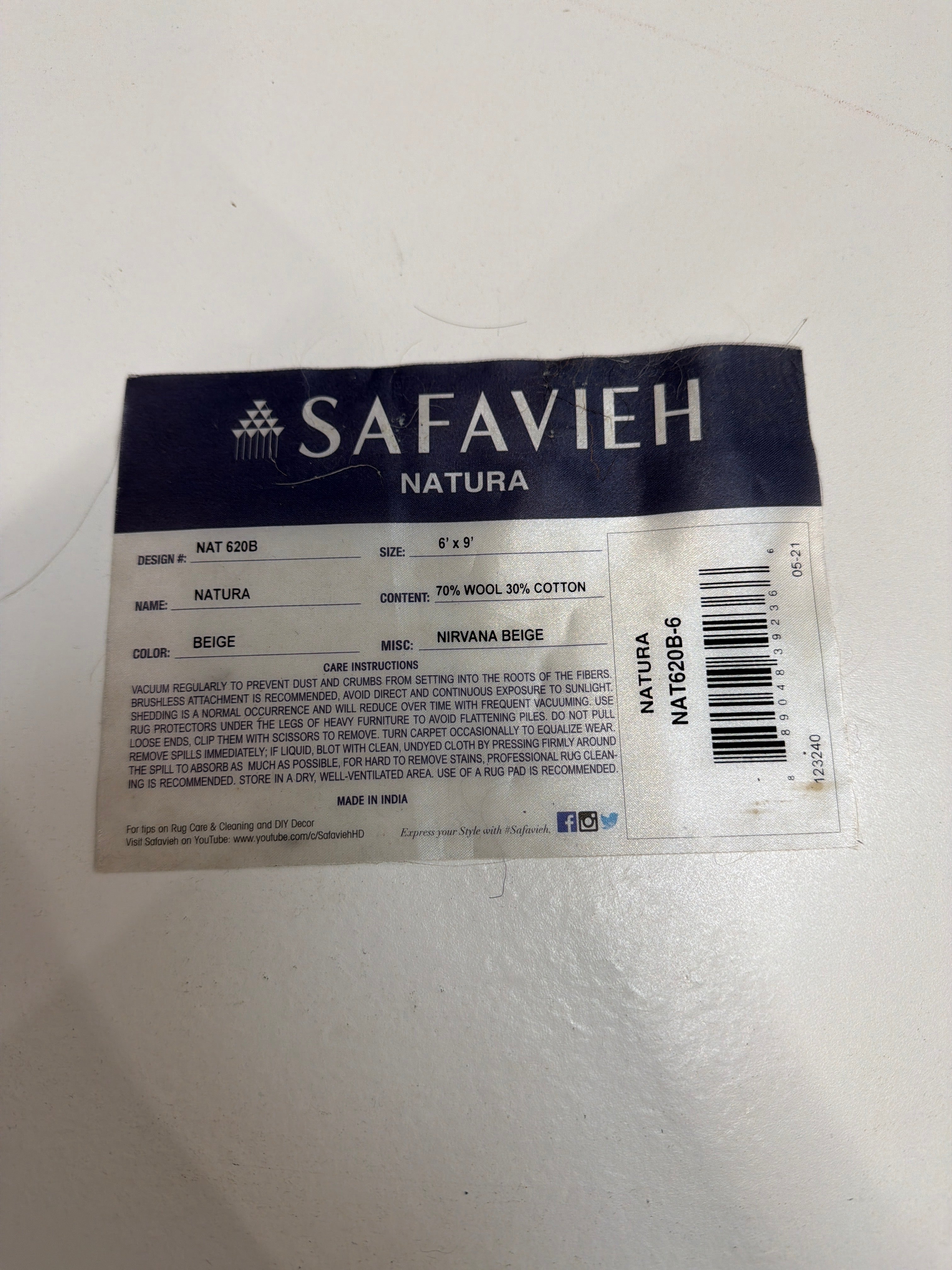 SAFAVIEH Area Rug 6x9 - Natura Collection - Nirvana Beige, Handmade Wool Blend (NAT620B)