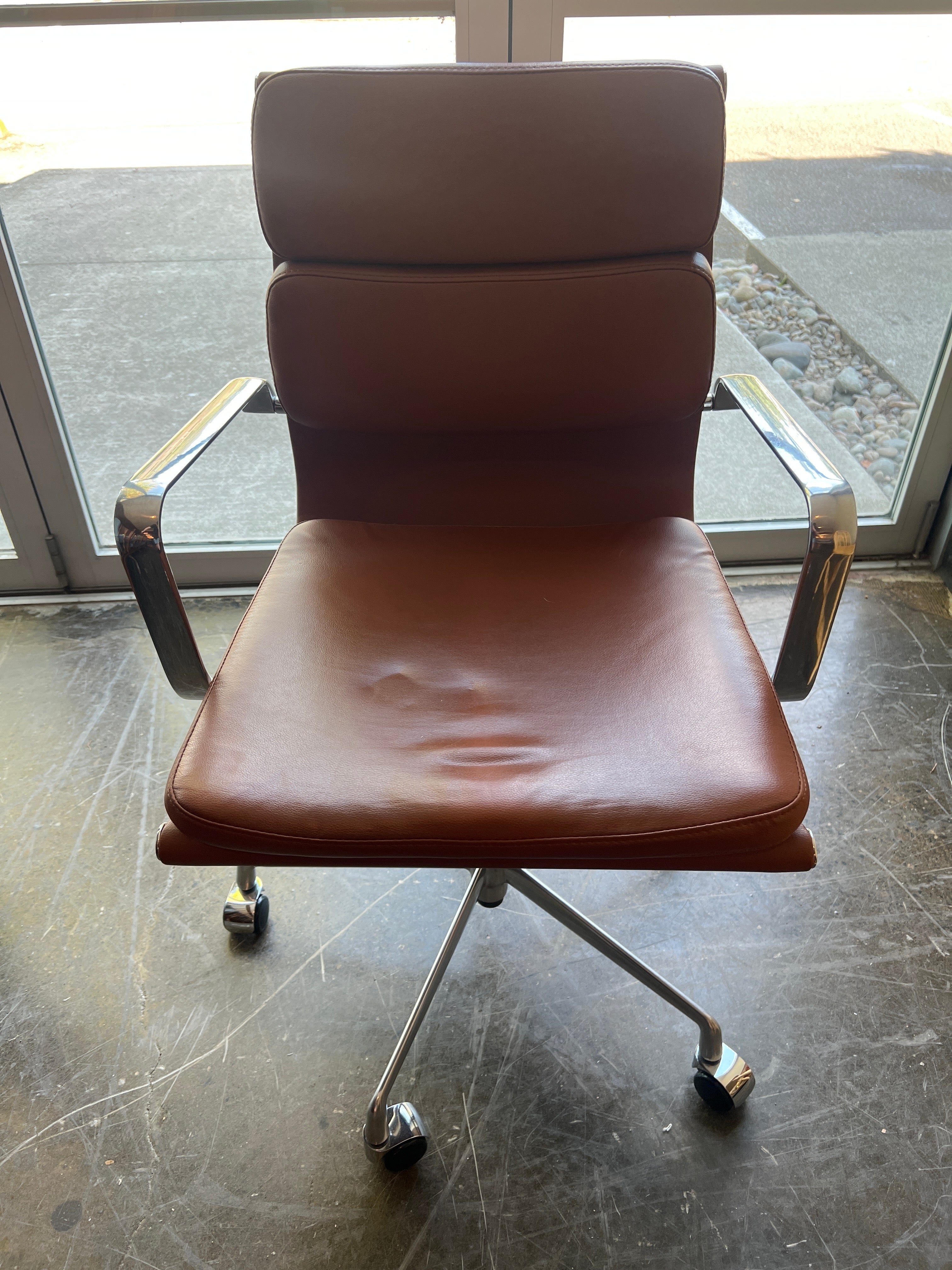 Mid-Century Modern Brown Leather Office Chair with Chrome Base