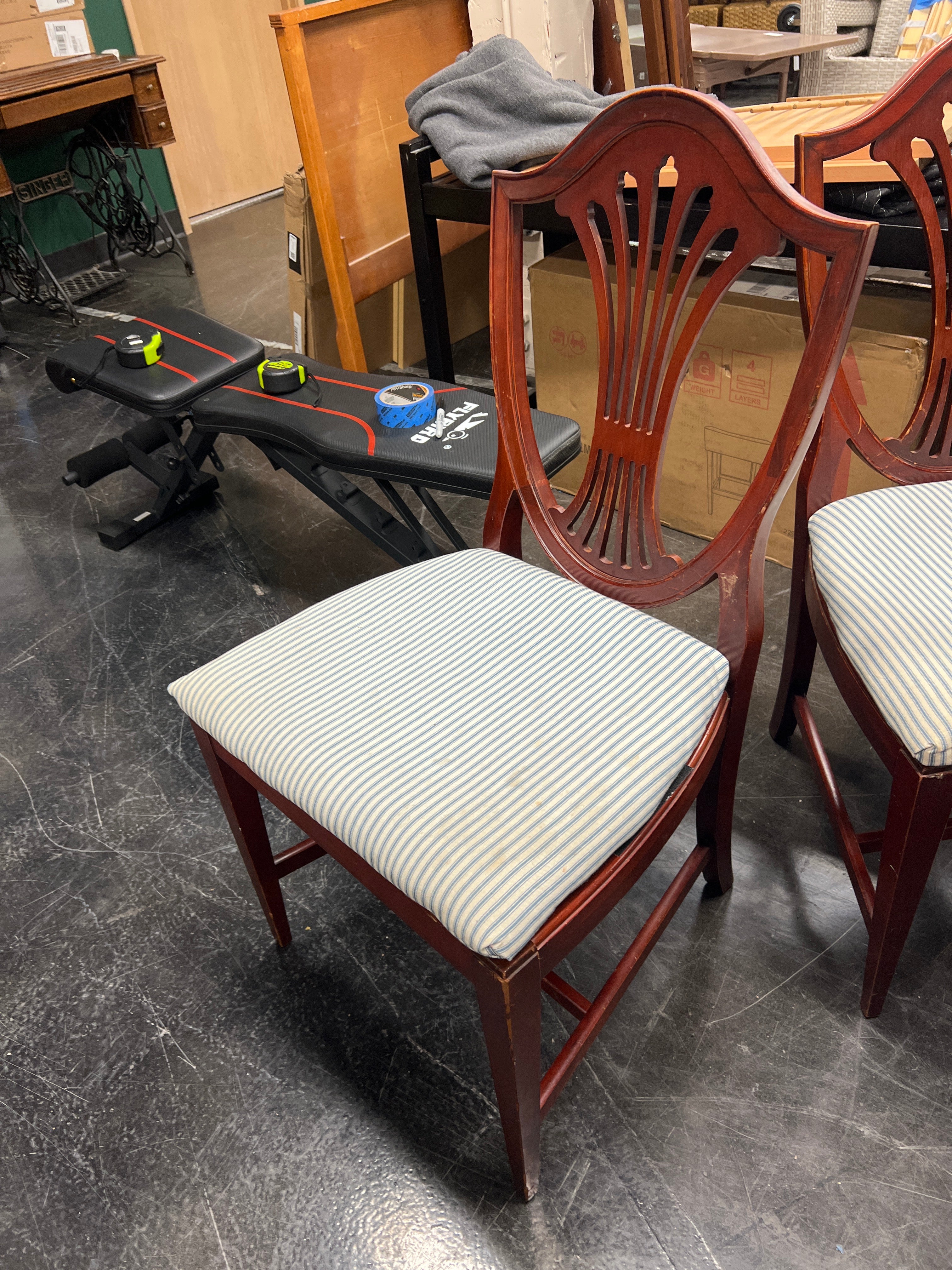 Classic Brown Hardwood Dining Chair with Blue Striped Seat (No Arms)