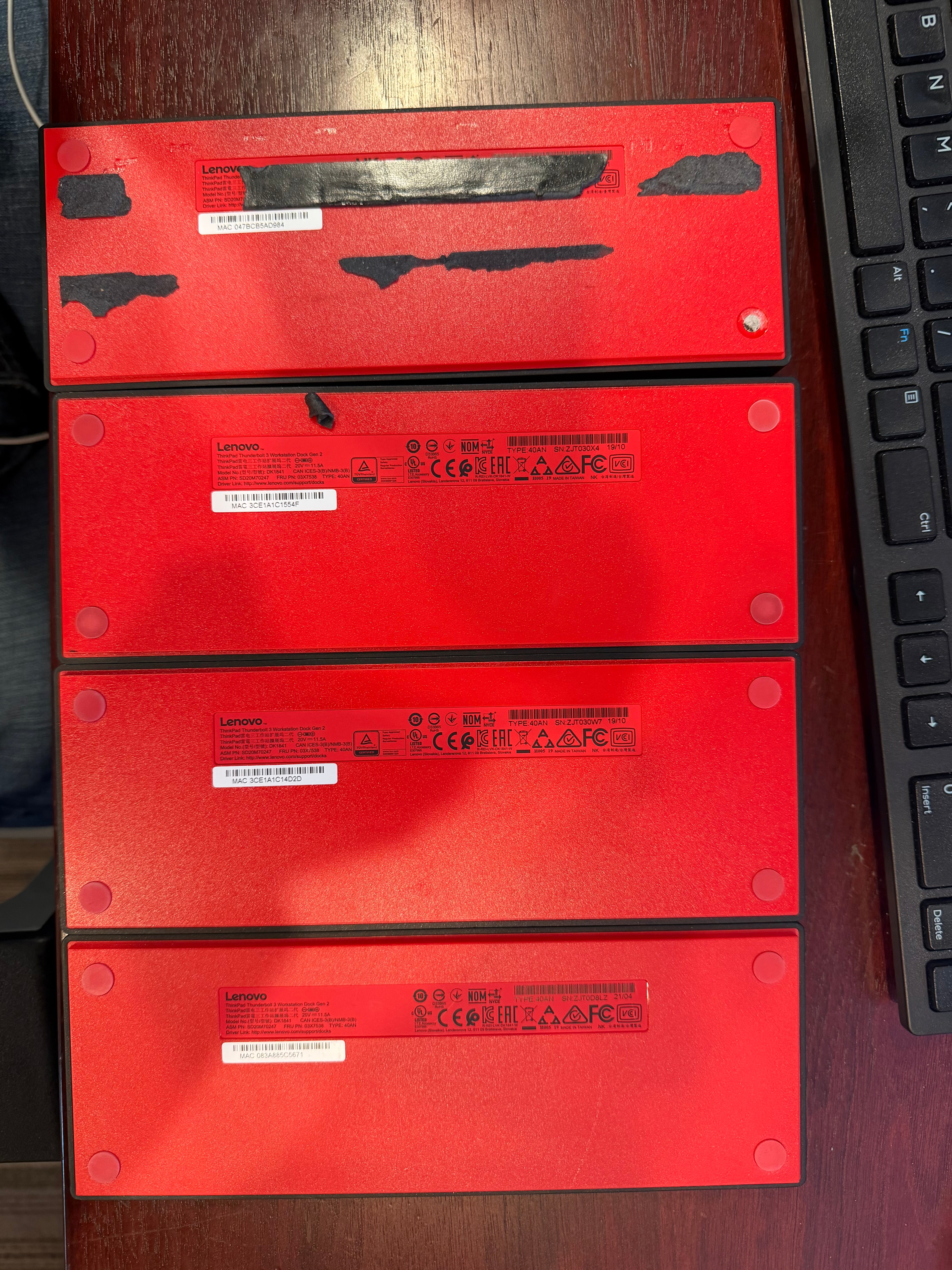 Four (4) Lenovo ThinkPad Thunderbolt 3 Workstation Dock Gen 2 (NO POWER CORD) Model No DK1841 - DOCKS ONLY - Turn On.
