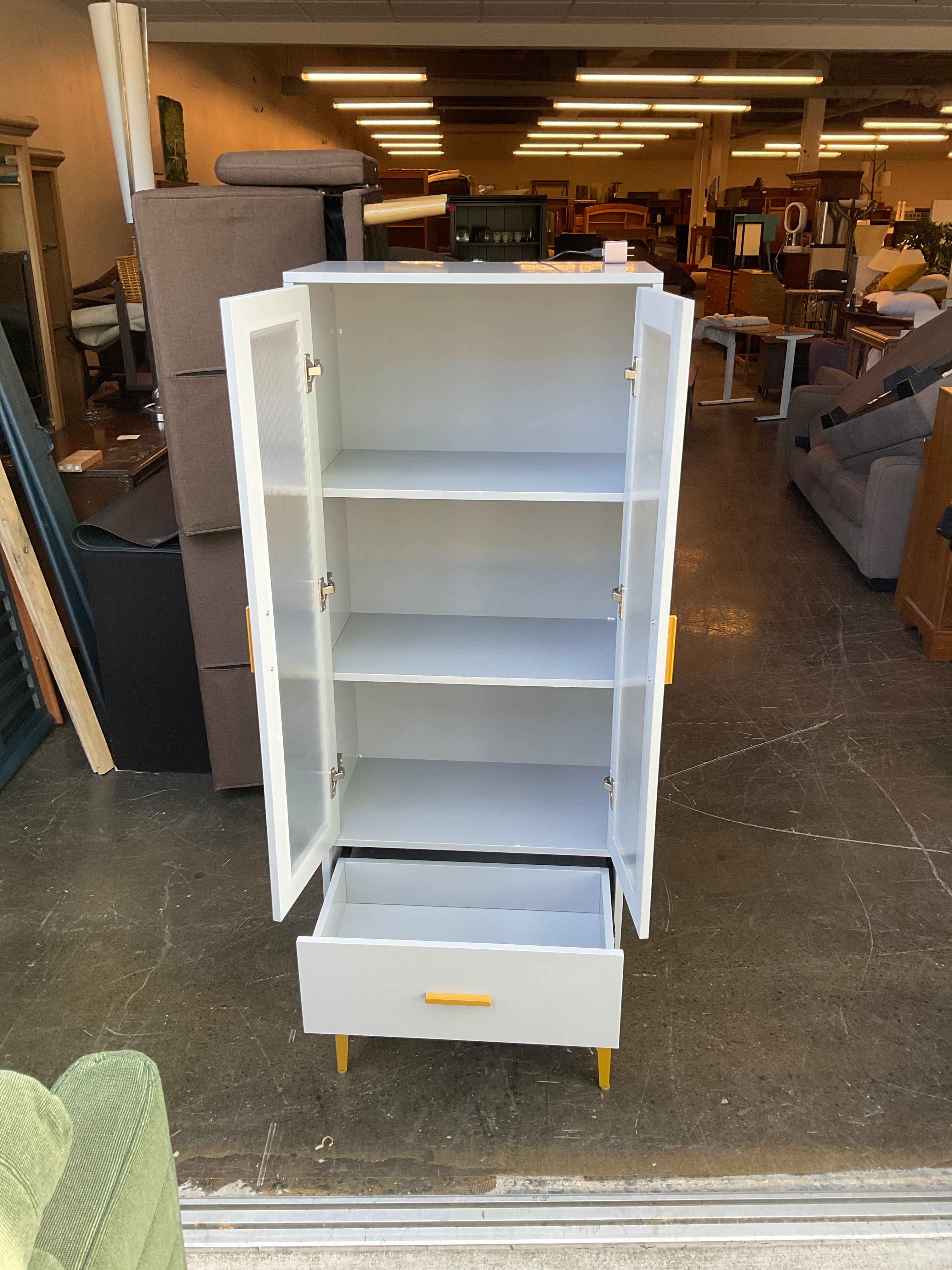 Modern Gray Display Cabinet with Gold Accents