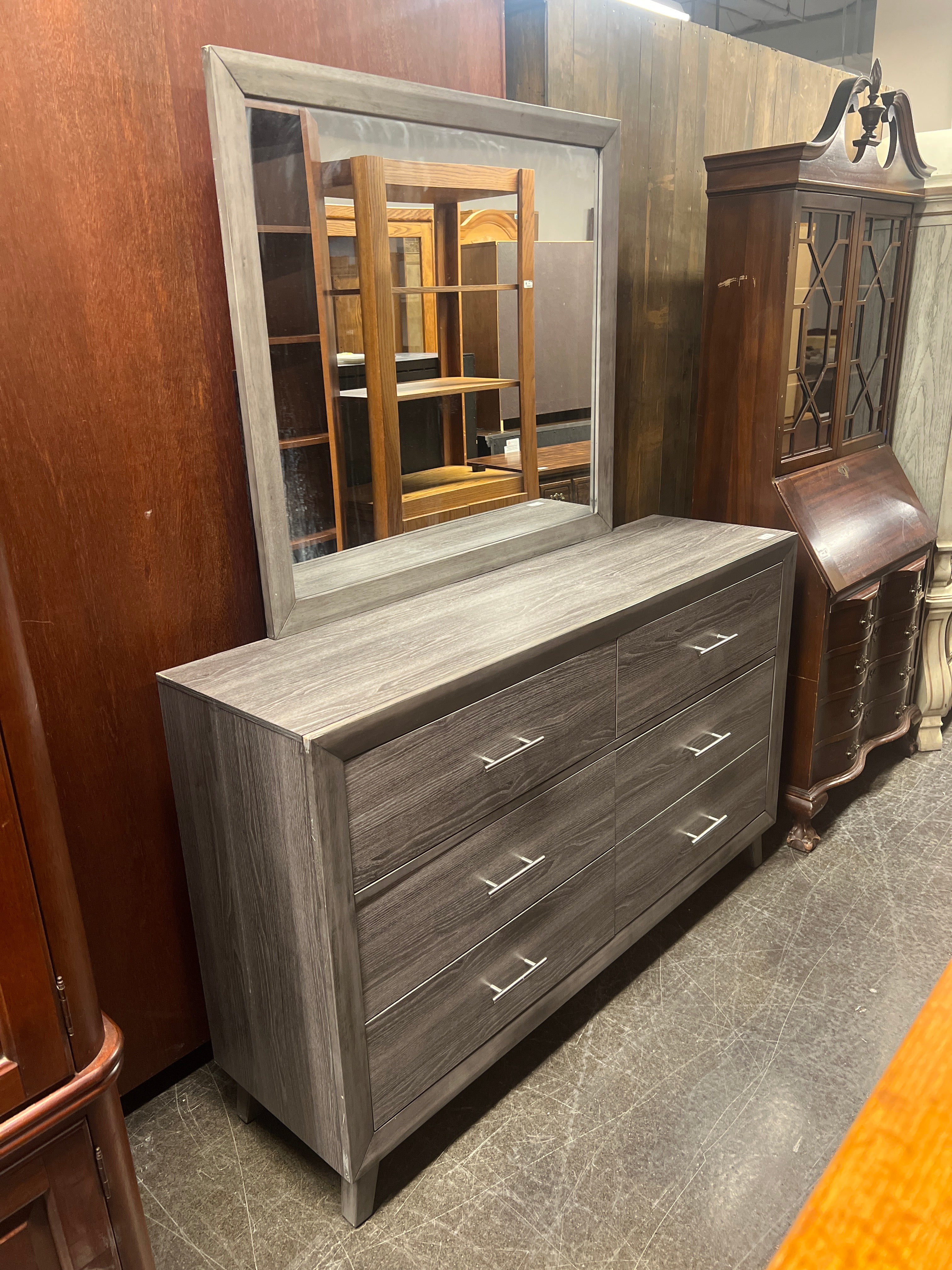 Mid-Century Modern Gray Dresser with Mirror