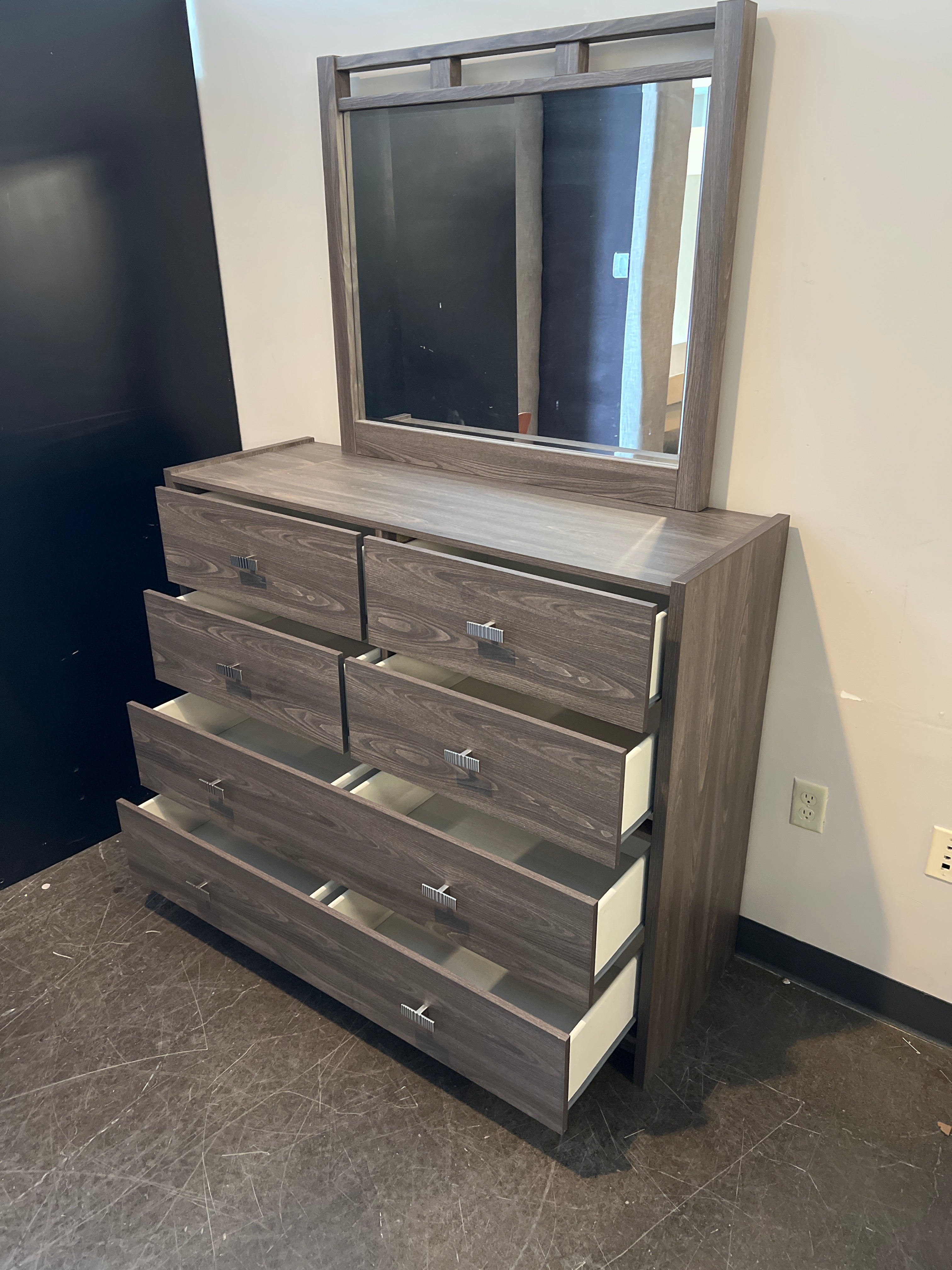 Dark Gray Six-Drawer Dresser with Mirrored Top
