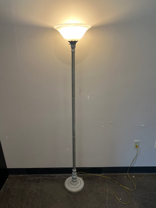 Modern Silver-Tone Torchiere Floor Lamp with Frosted Shade