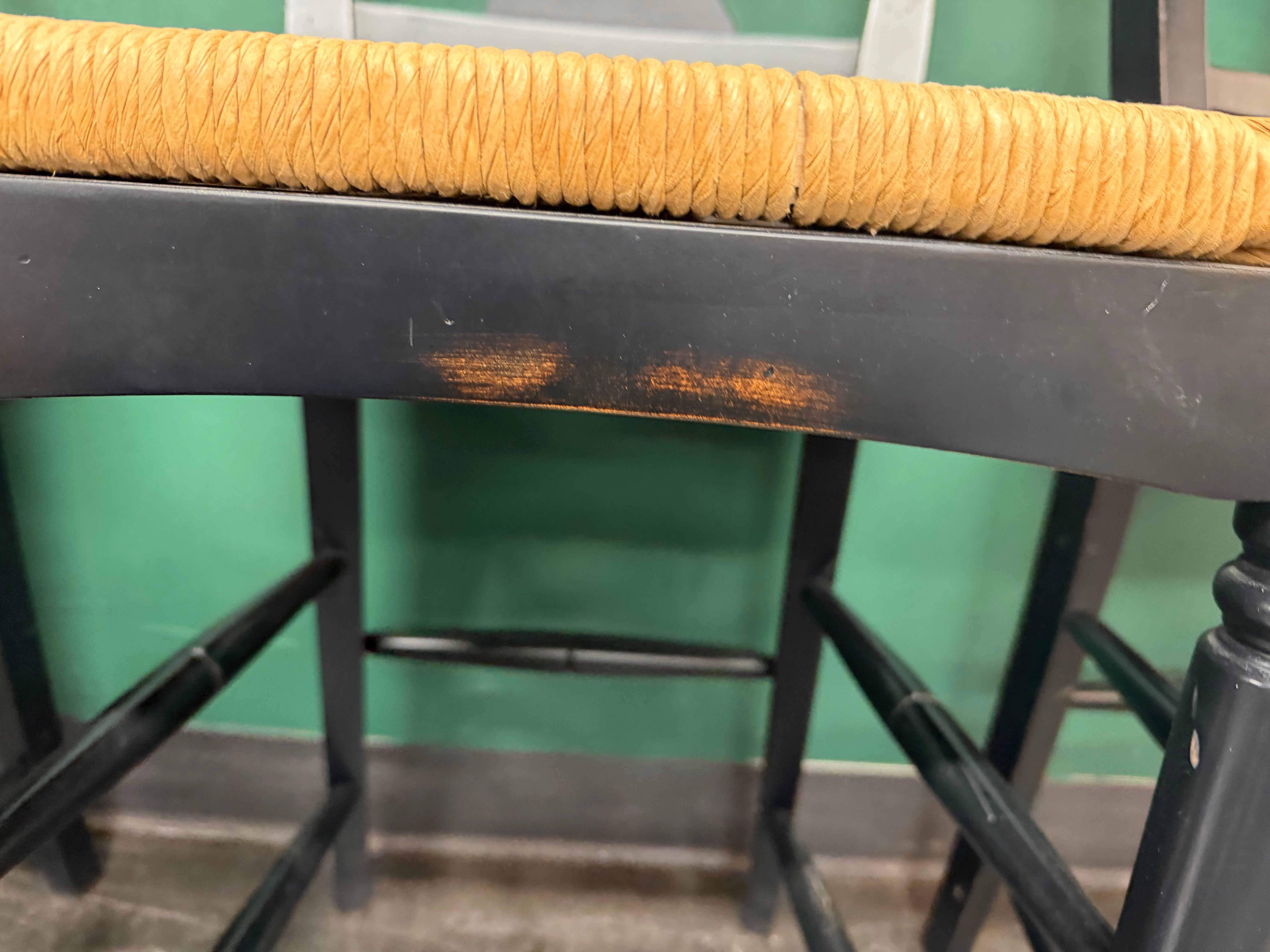 Ethan Allen Vintage French Country Rush Seat Bar Stools in Black, Set of Four