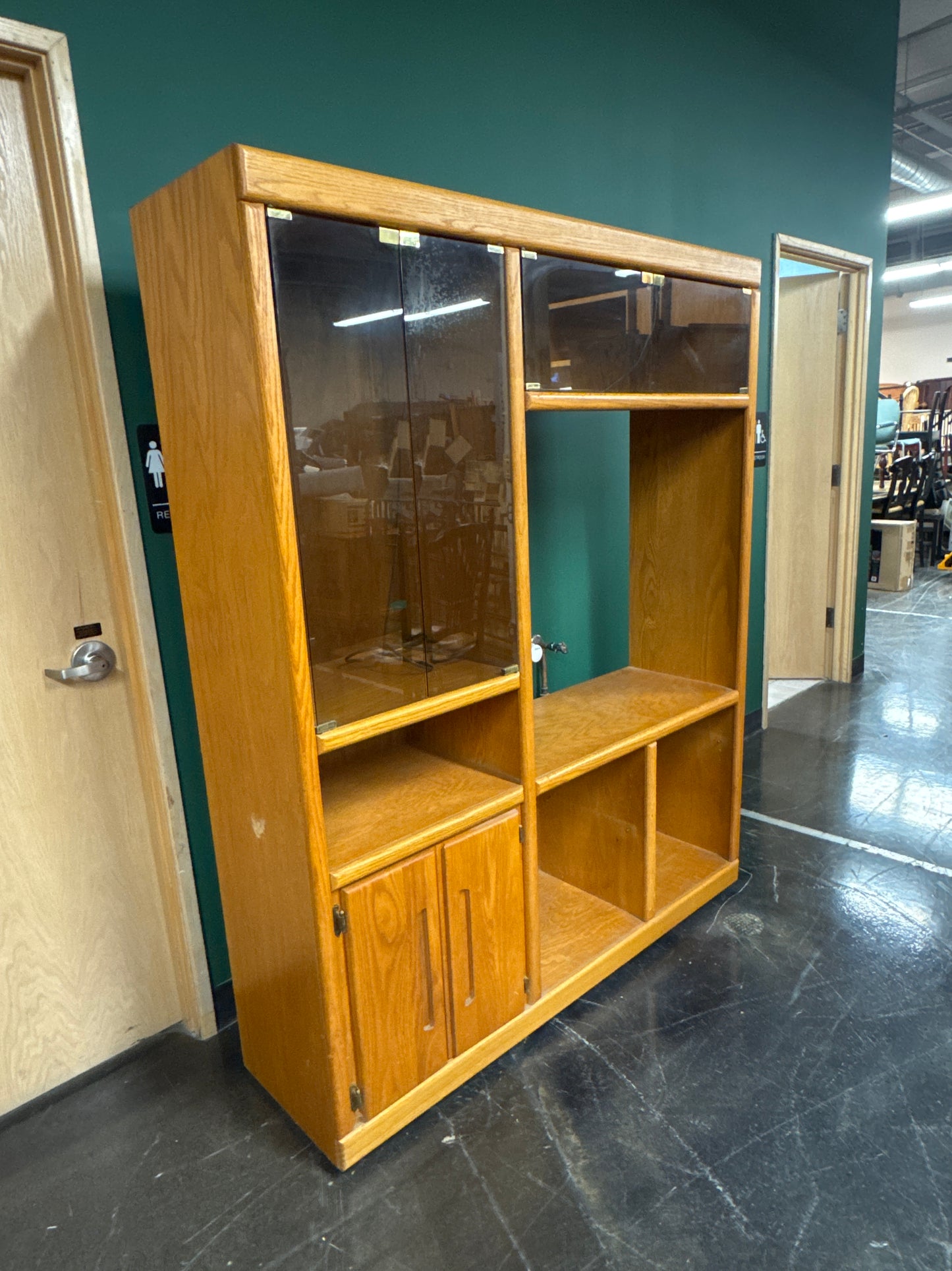 Oak Wood Media Console with Glass Doors