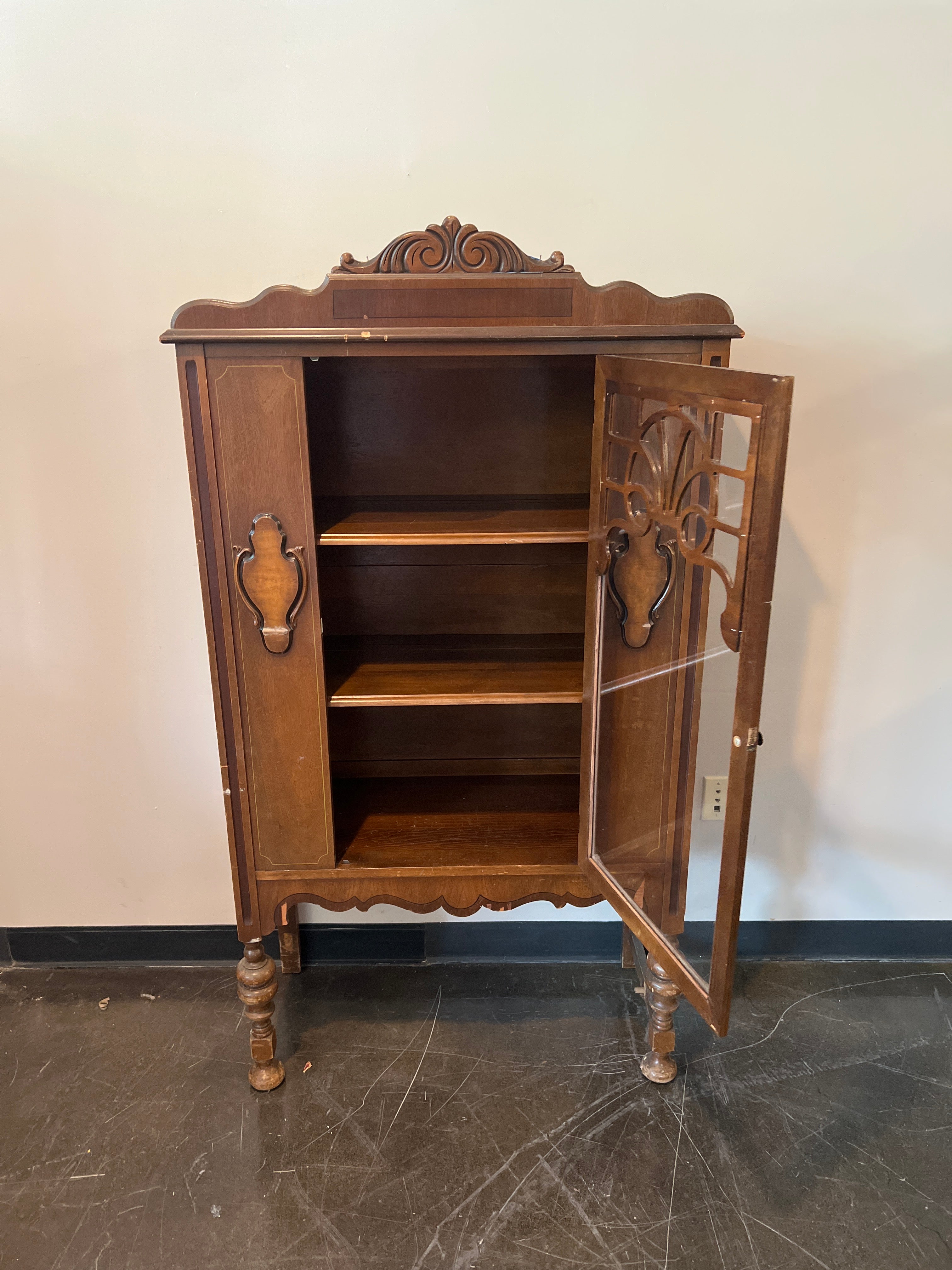 Antique Wood Display Cabinet with Glass Door