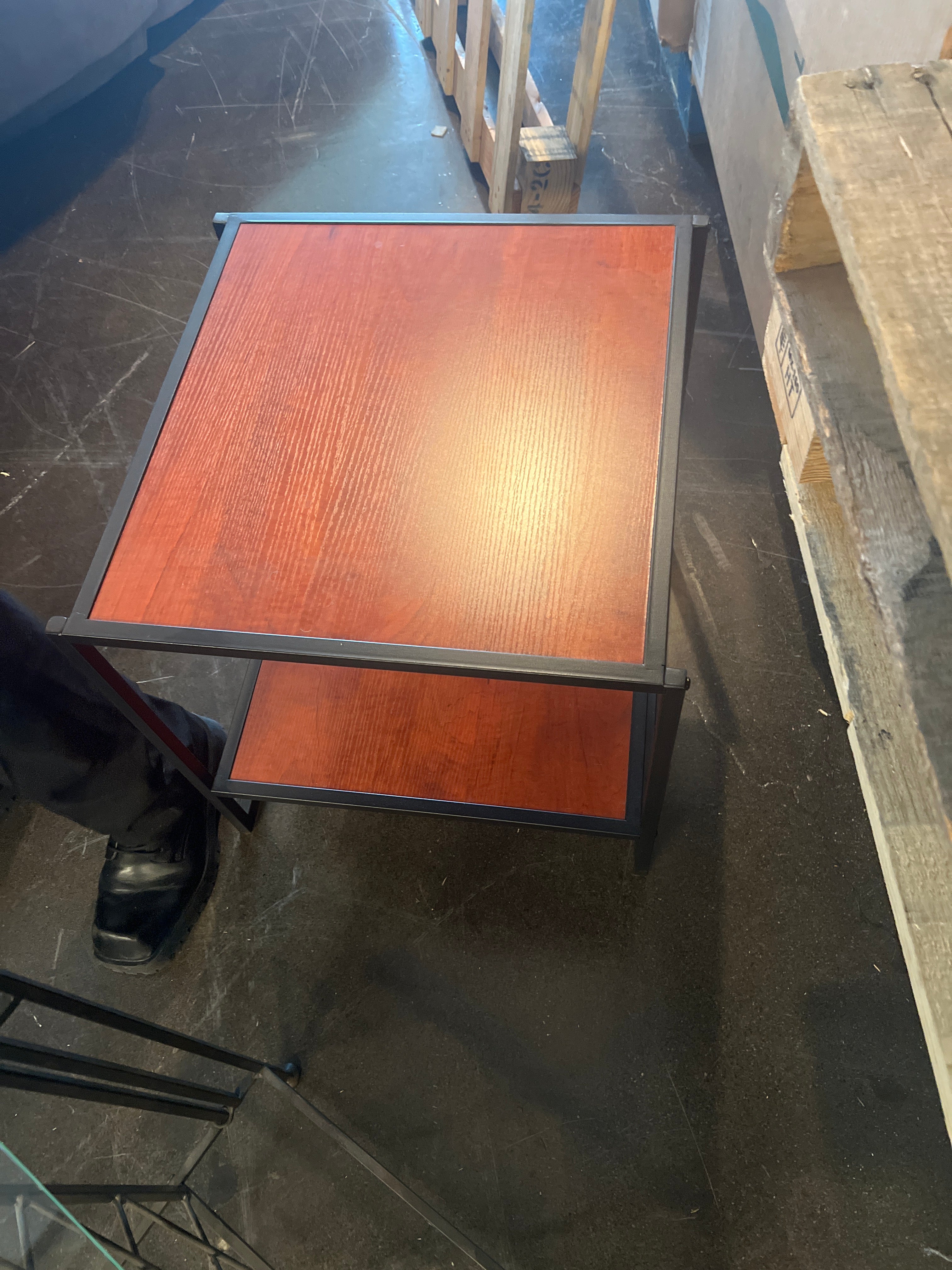 Cherry wood side table, with black metal accent
