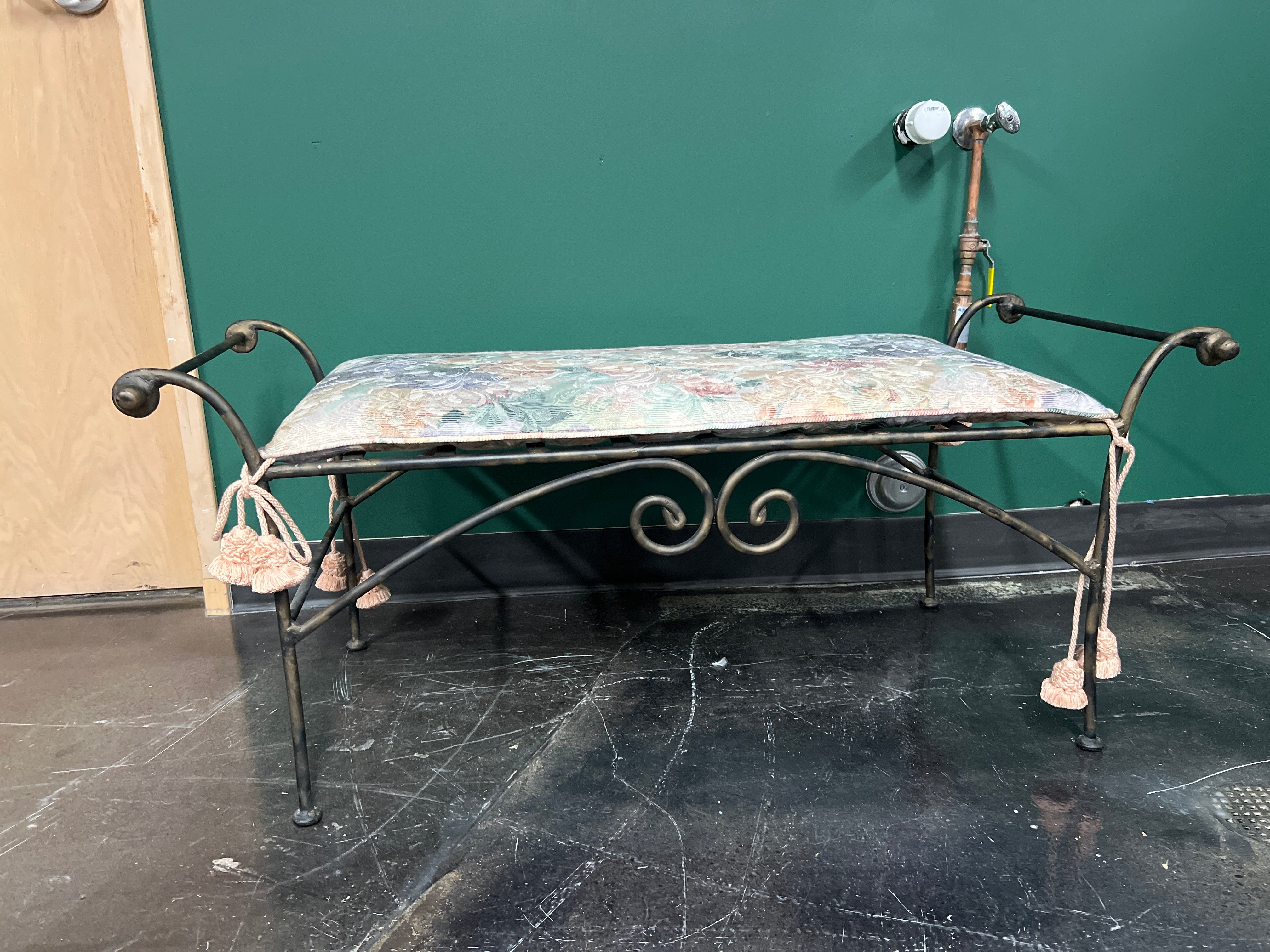 Ornate Metal Bench with Floral Upholstery