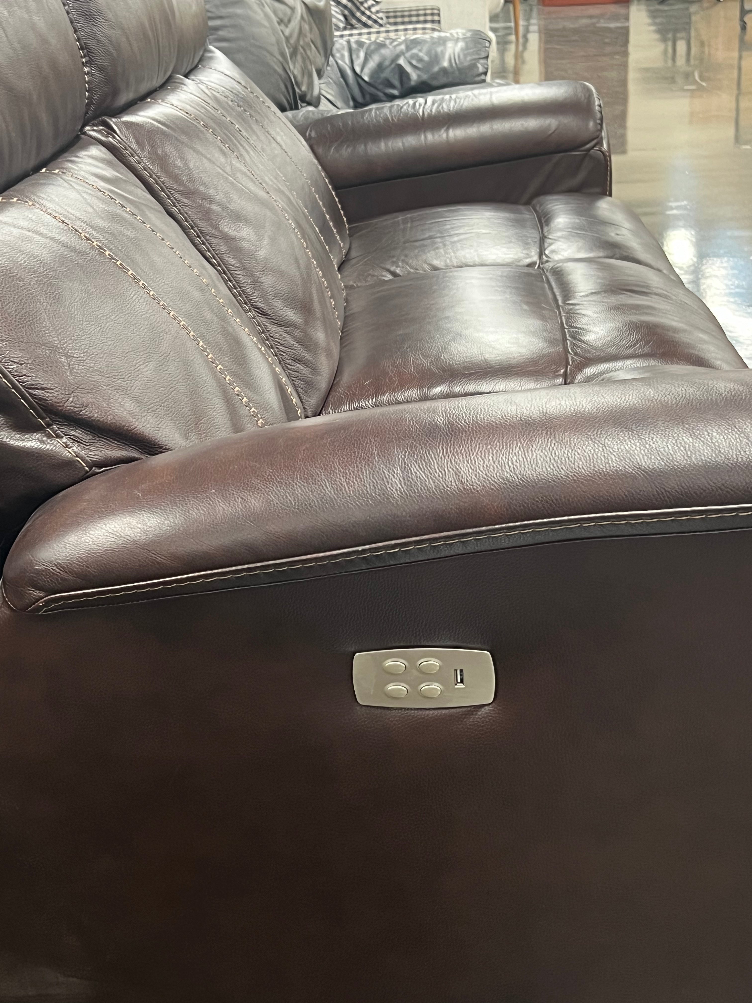 Brown Leather Reclining Sofa with USB Charging Ports