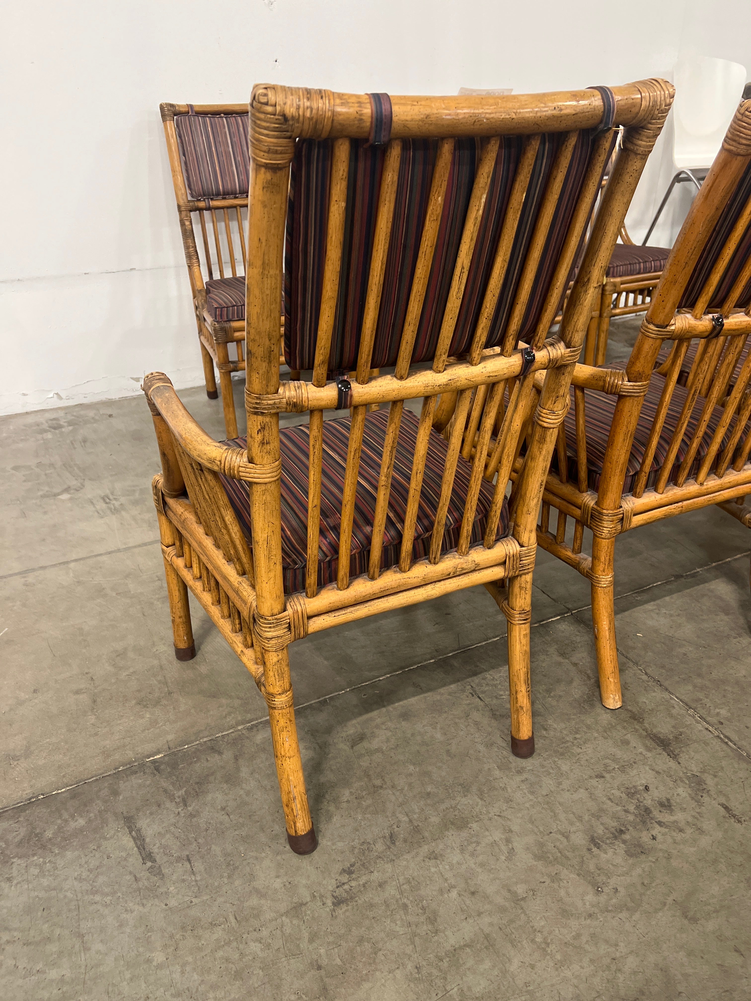 Henredon Bamboo Rattan Captain’s Chair Set – Striped Cushion, with Arms