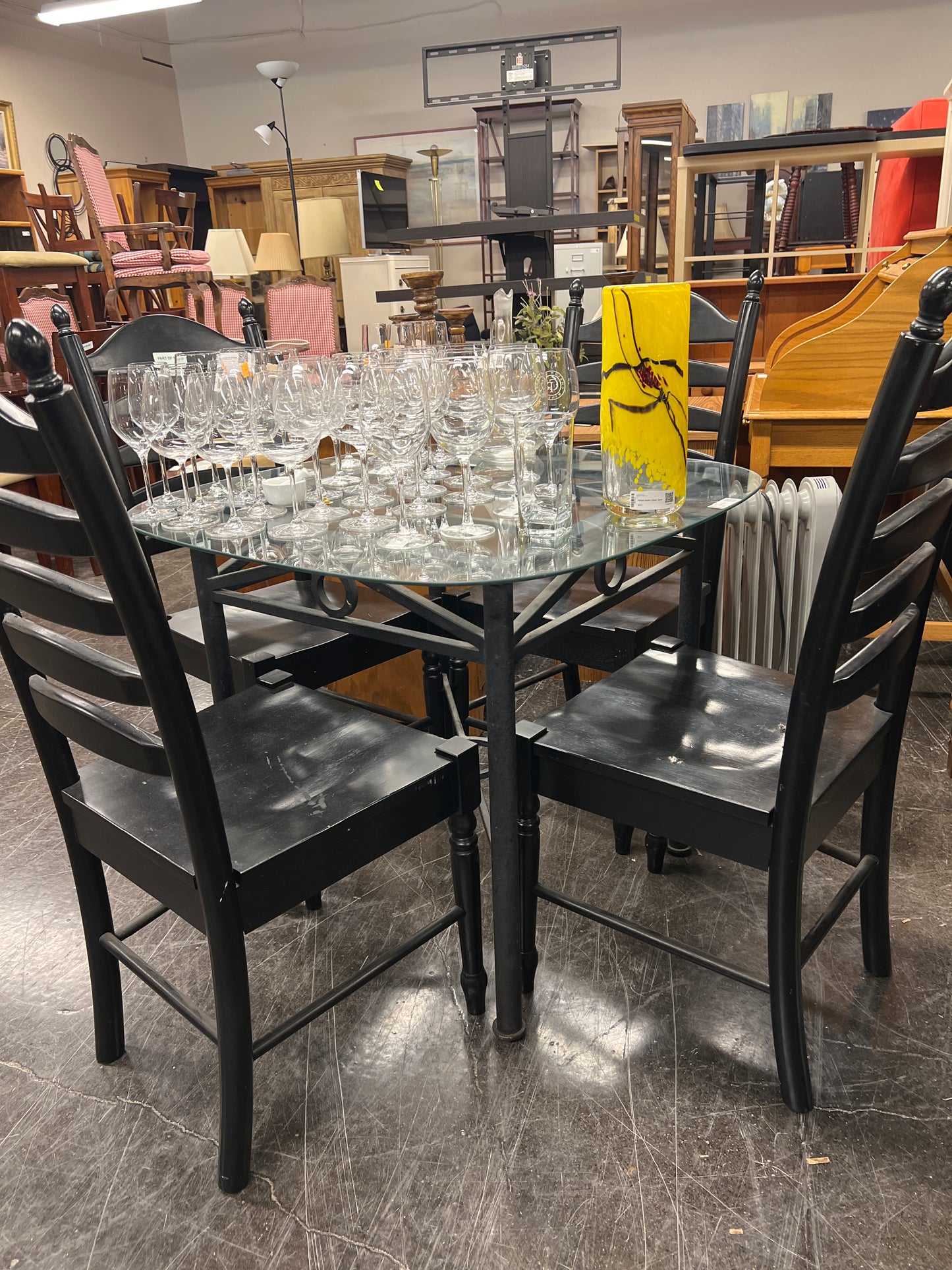 Black Metal Glass Table w/ 4 Black Chairs