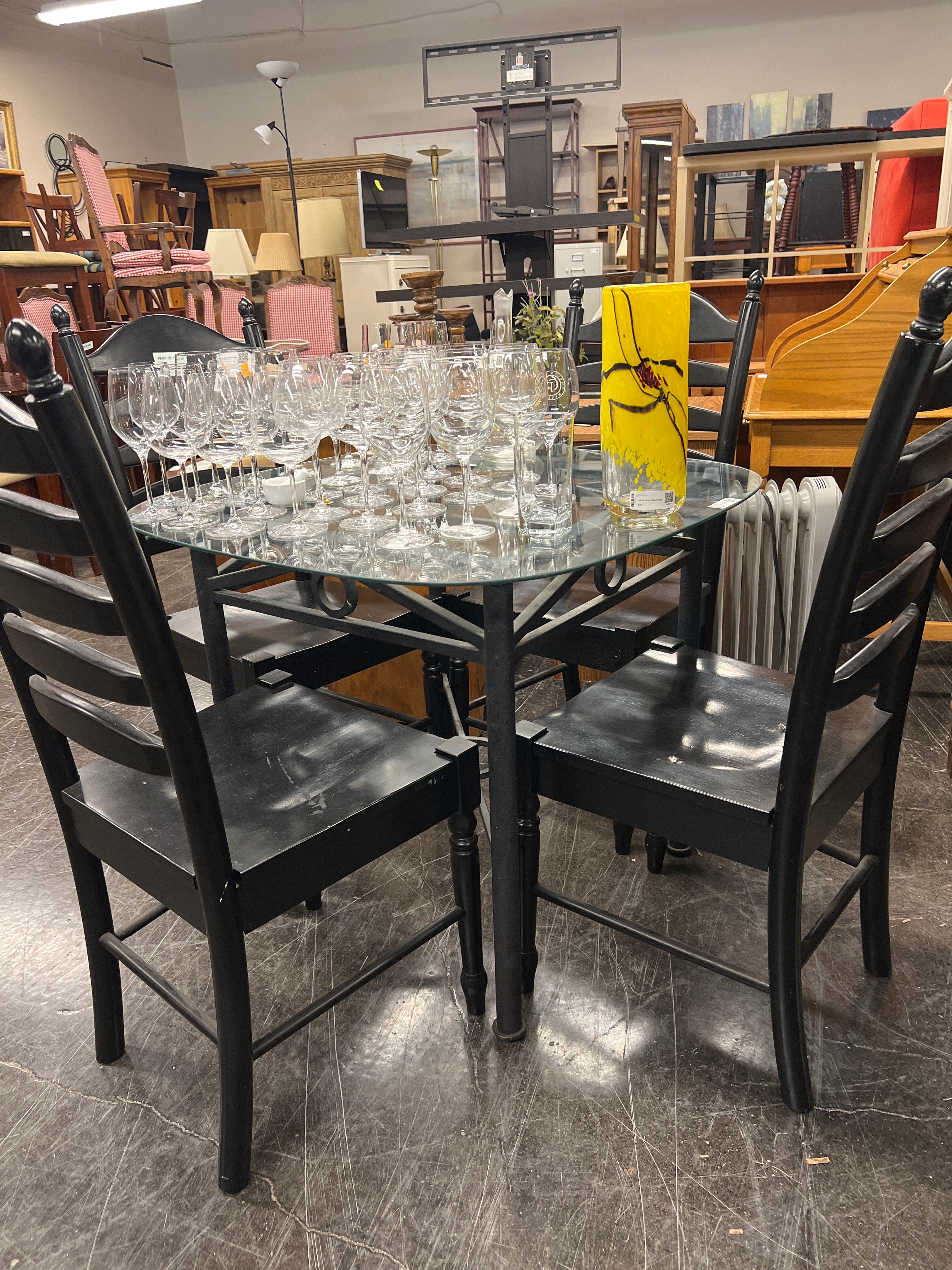 Black Metal Glass Table w/ 4 Black Chairs