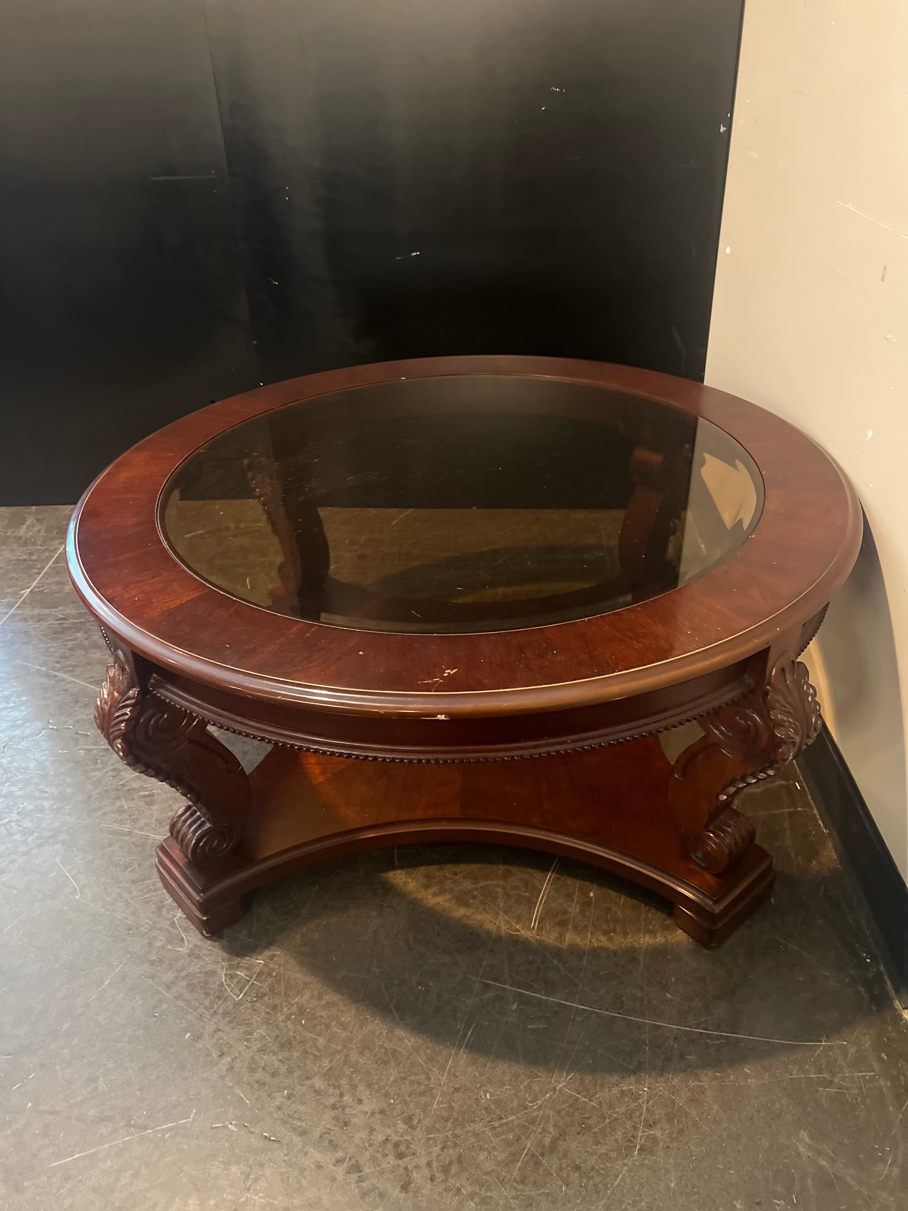 Round Wood Coffee Table with Glass Top