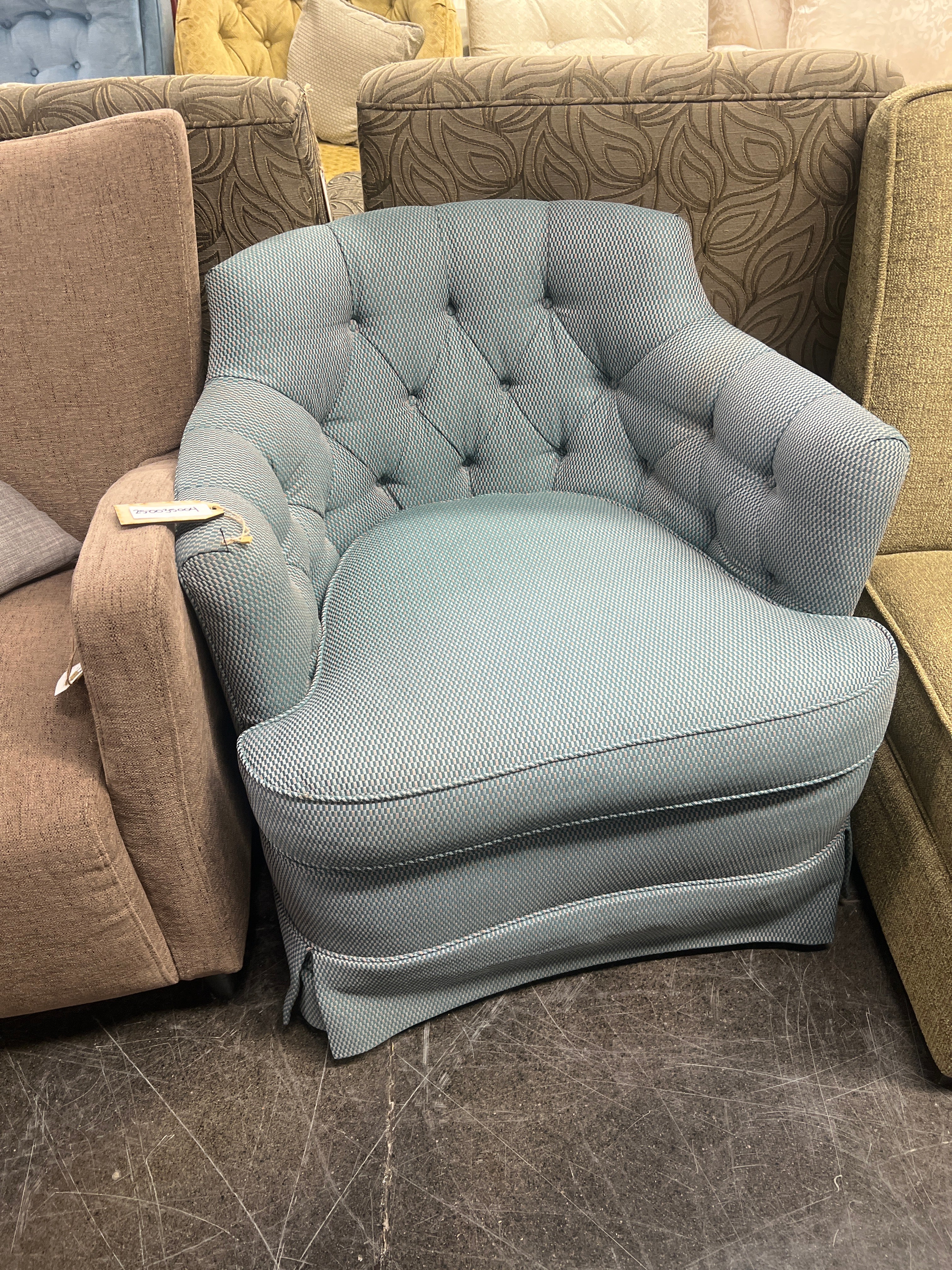 Custom Crafted Tufted Swivel Armchair – Teal Rose Pattern Upholstery