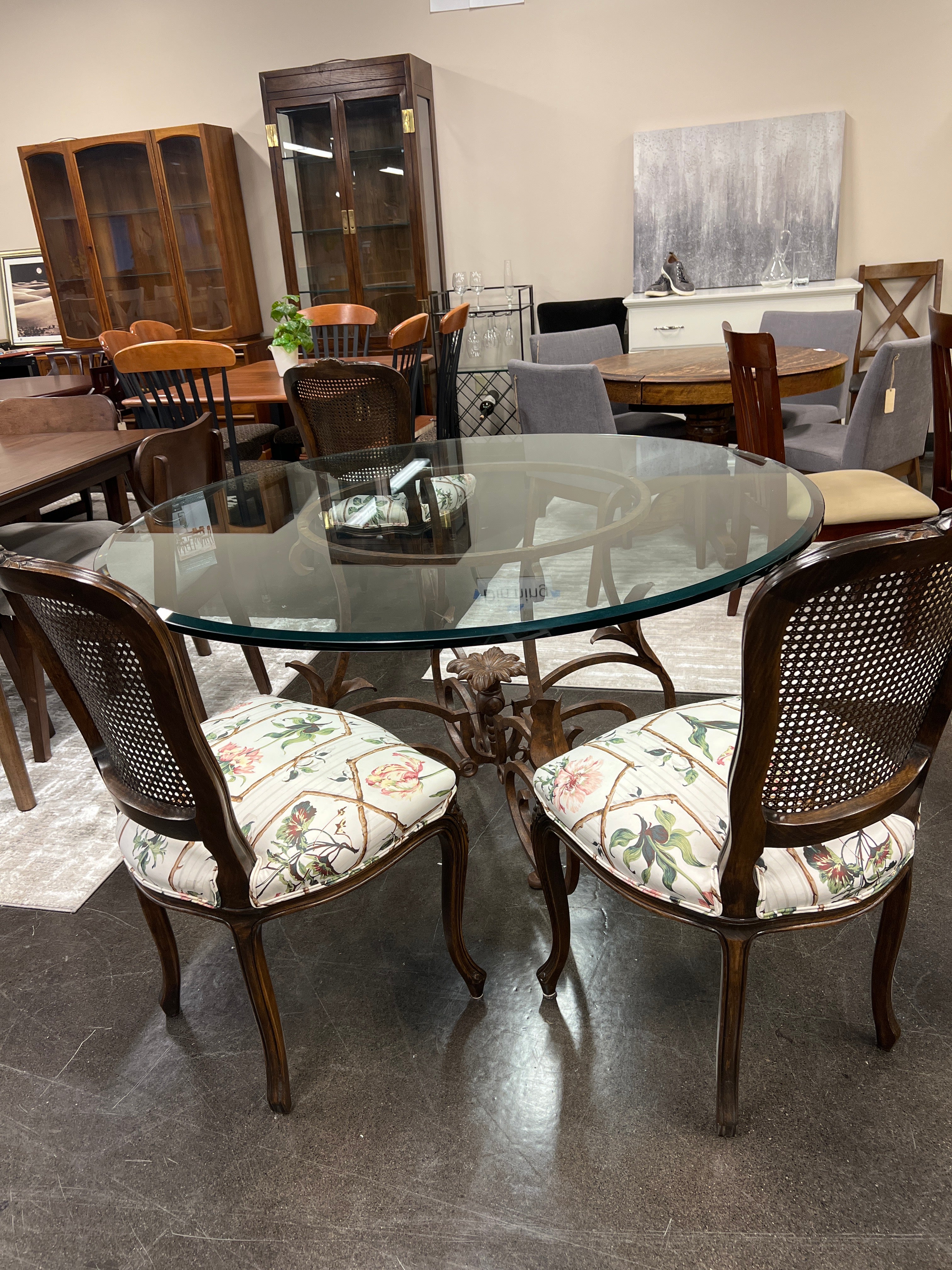 French Revival Ornate Metal Glass Table w/ Wood Carved Rattan Chairs