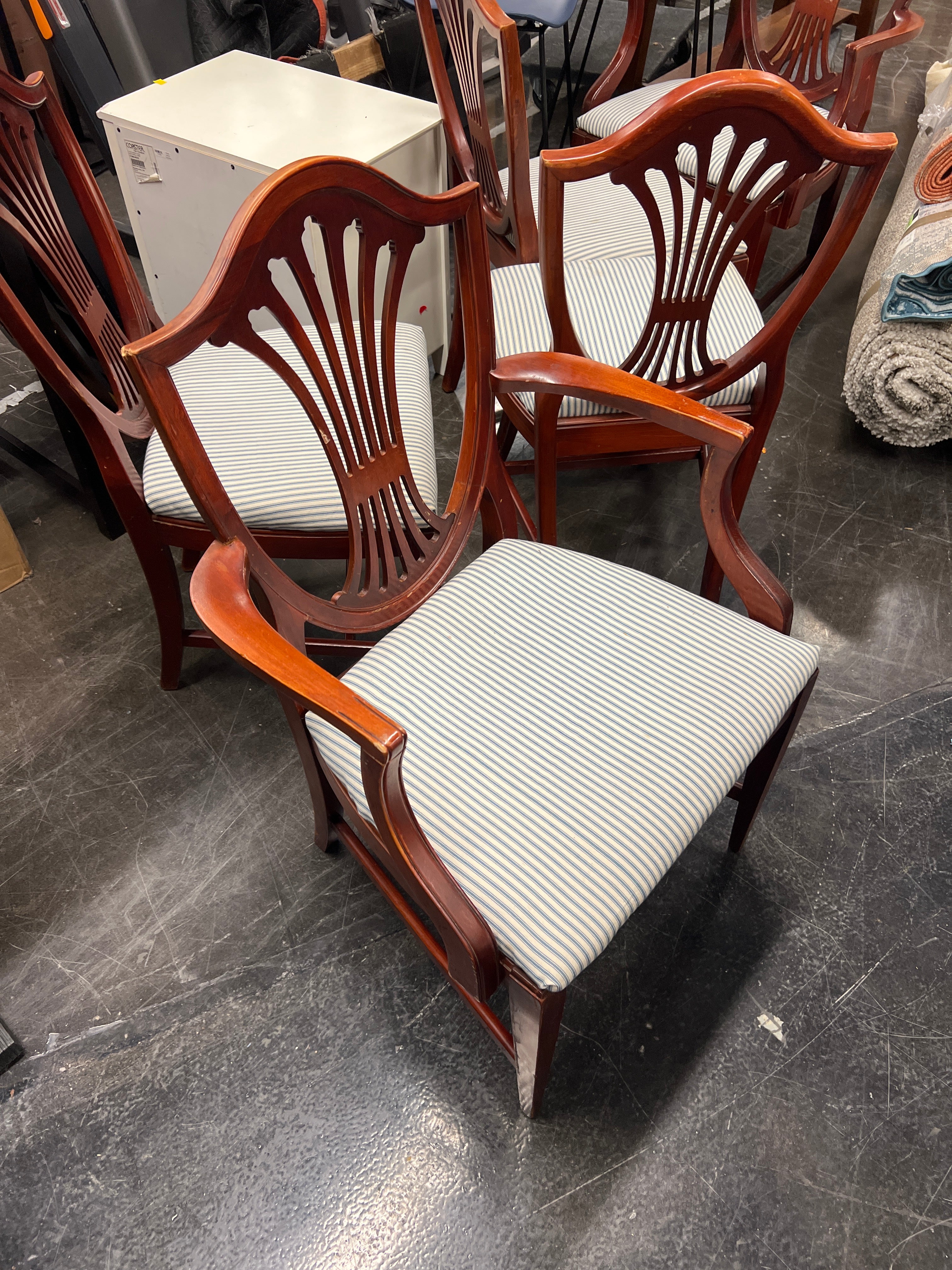 Classic Hardwood Dining Chair with Blue Stripe Seat (With Arms)