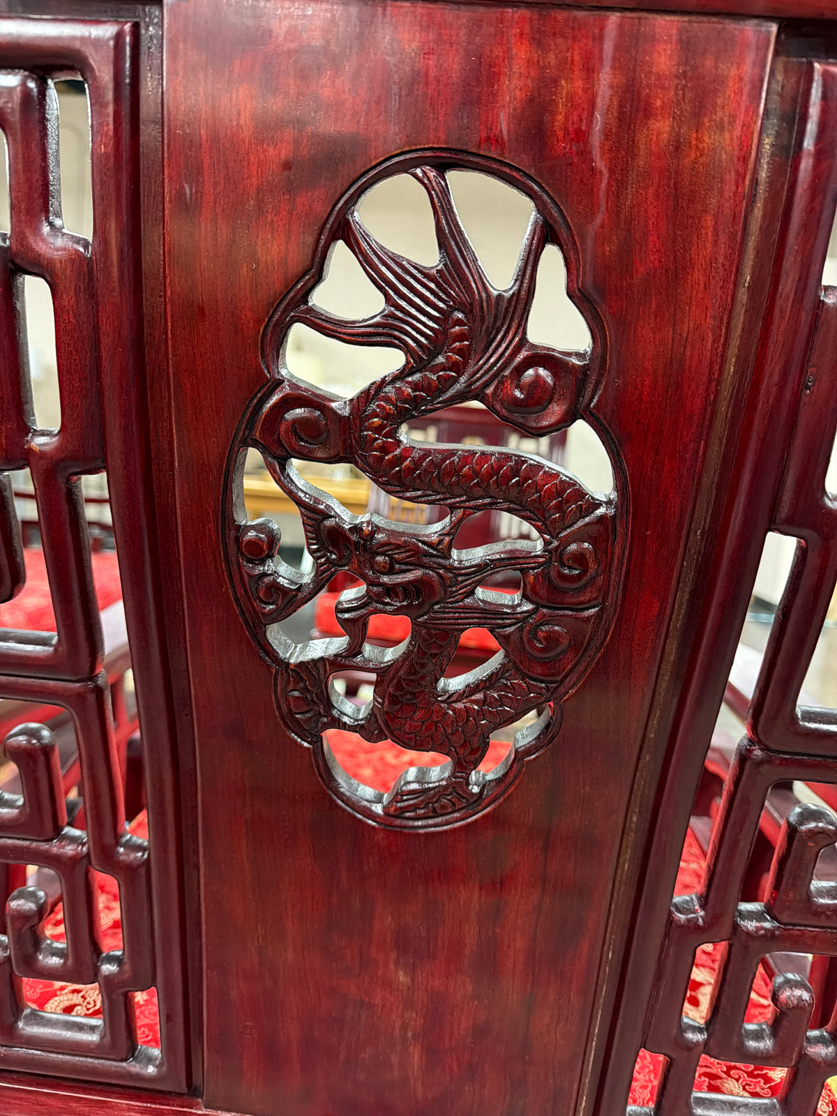 Vintage Chinese Rosewood Armchair, Hand Carved Dragon Medallion and Key Fret, Red Silk Cushion