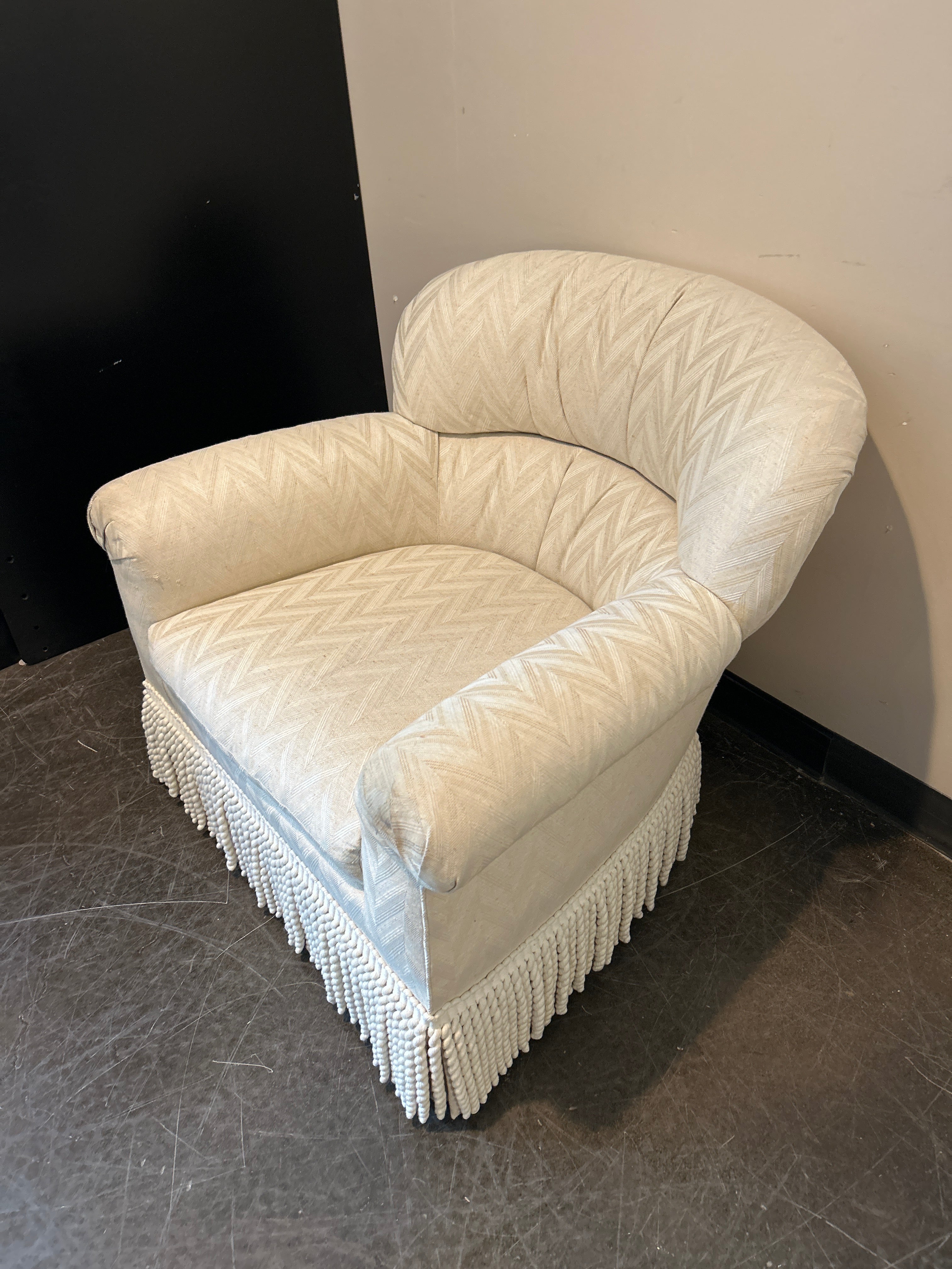 Heirloom Designer Upholstery Brand Club Chair – Chevron Fabric with Fringe