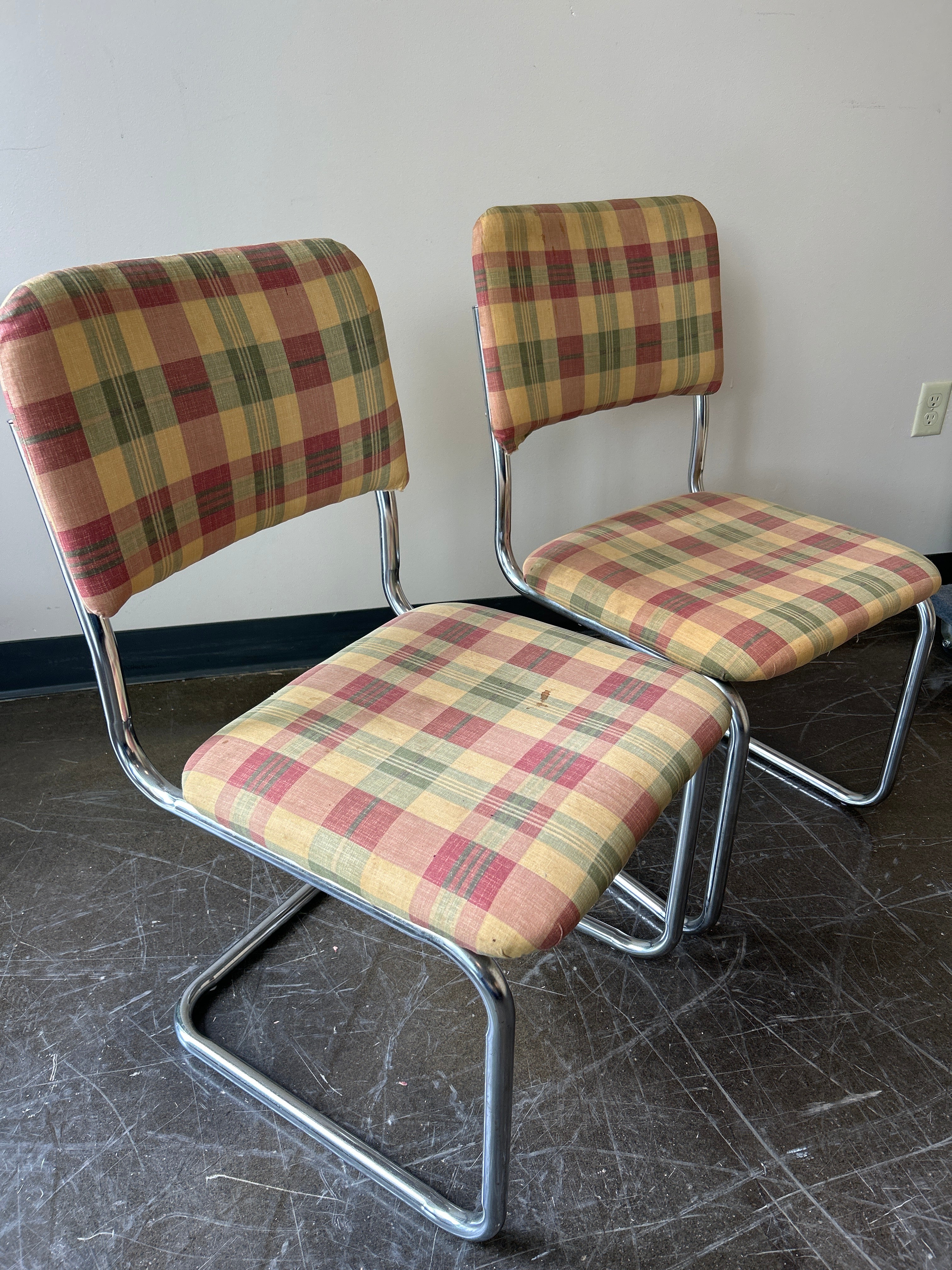 Retro Chrome Cantilever Chairs with Plaid Upholstery
