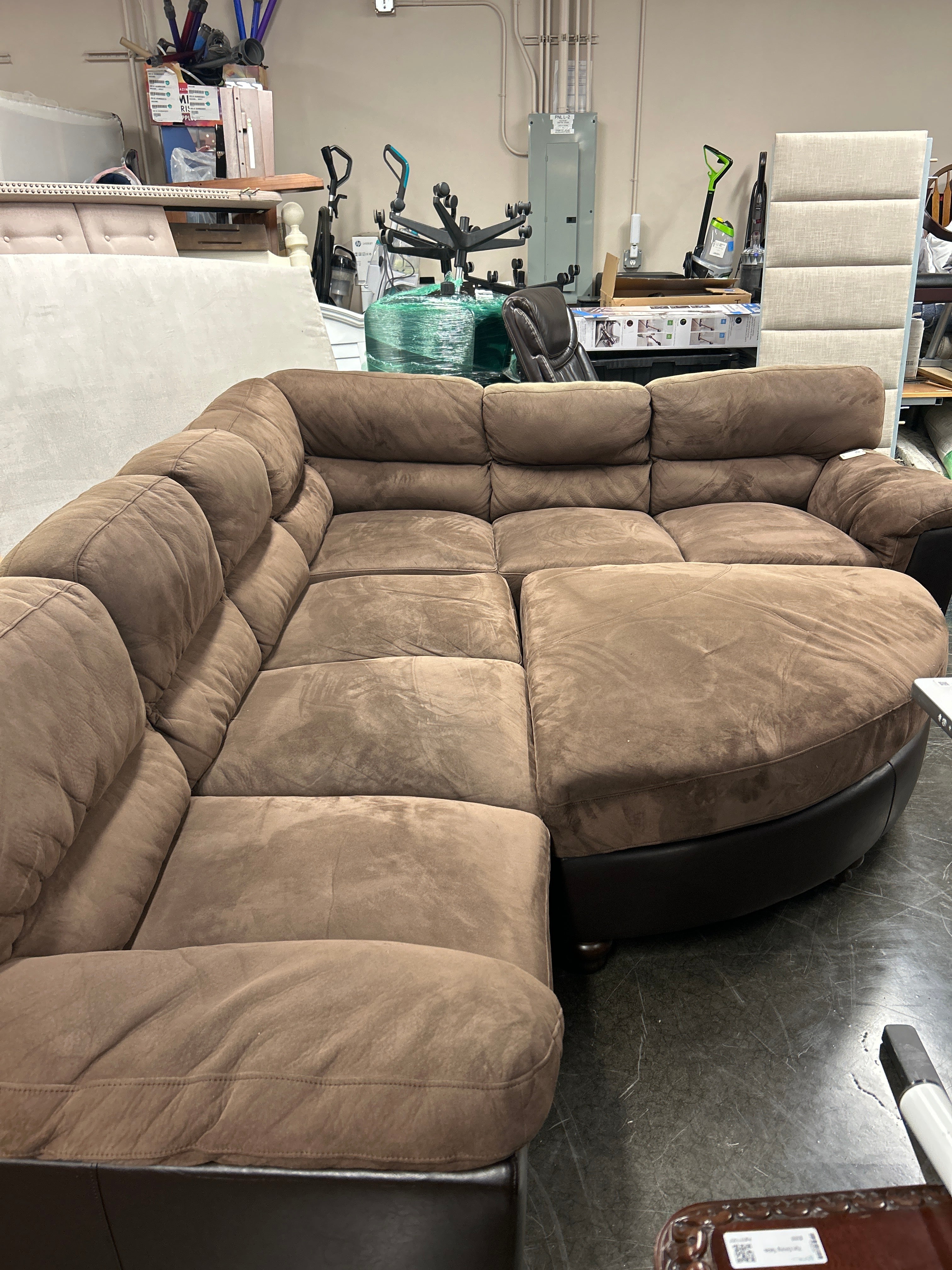 Brown Suede And Pleather Sectional