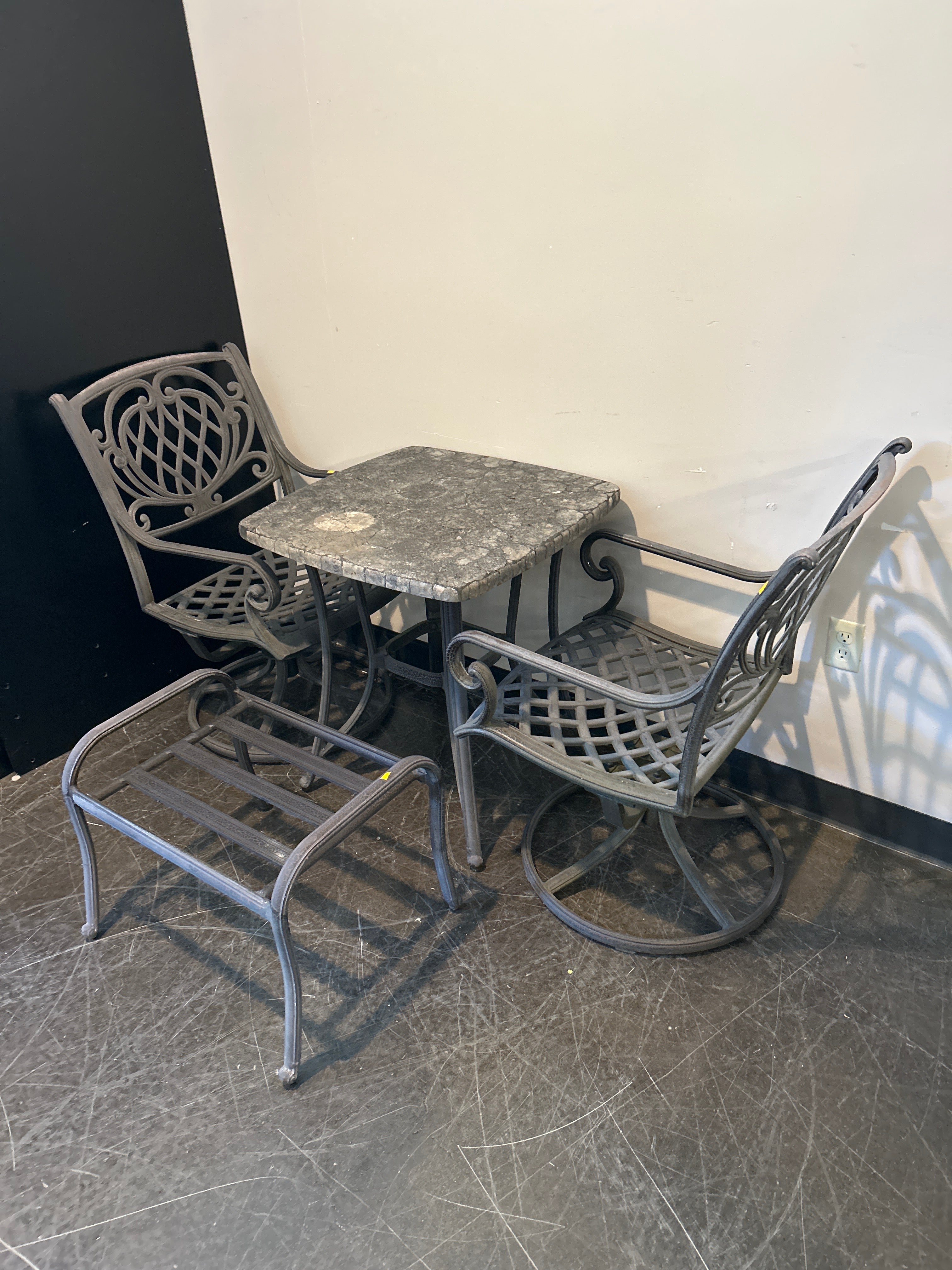 3-Piece Cast Aluminum Patio Set – Swivel Chairs, Faux-Stone Table