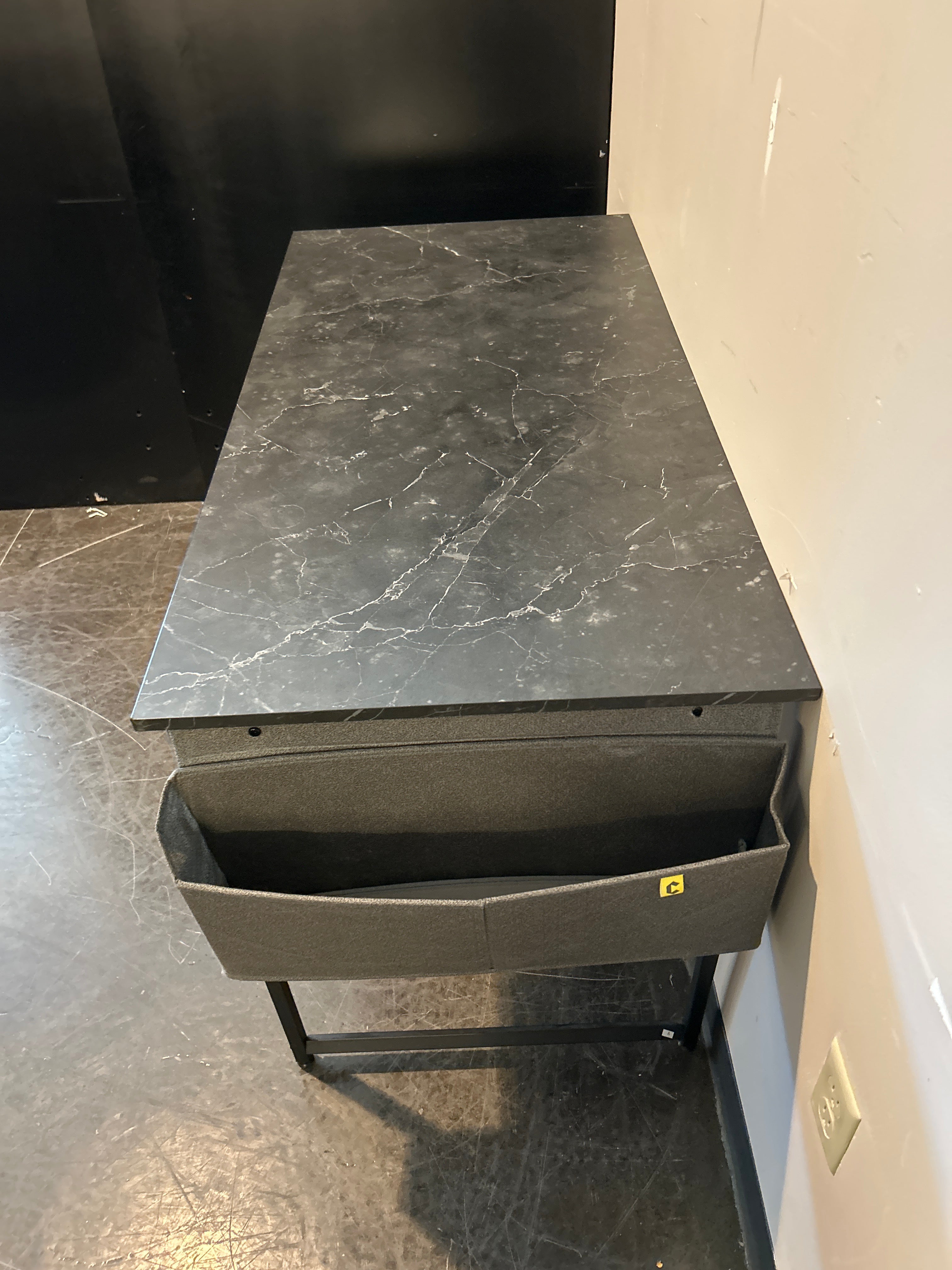 Slim Black Side Table with Faux Marble Top and Fabric Storage