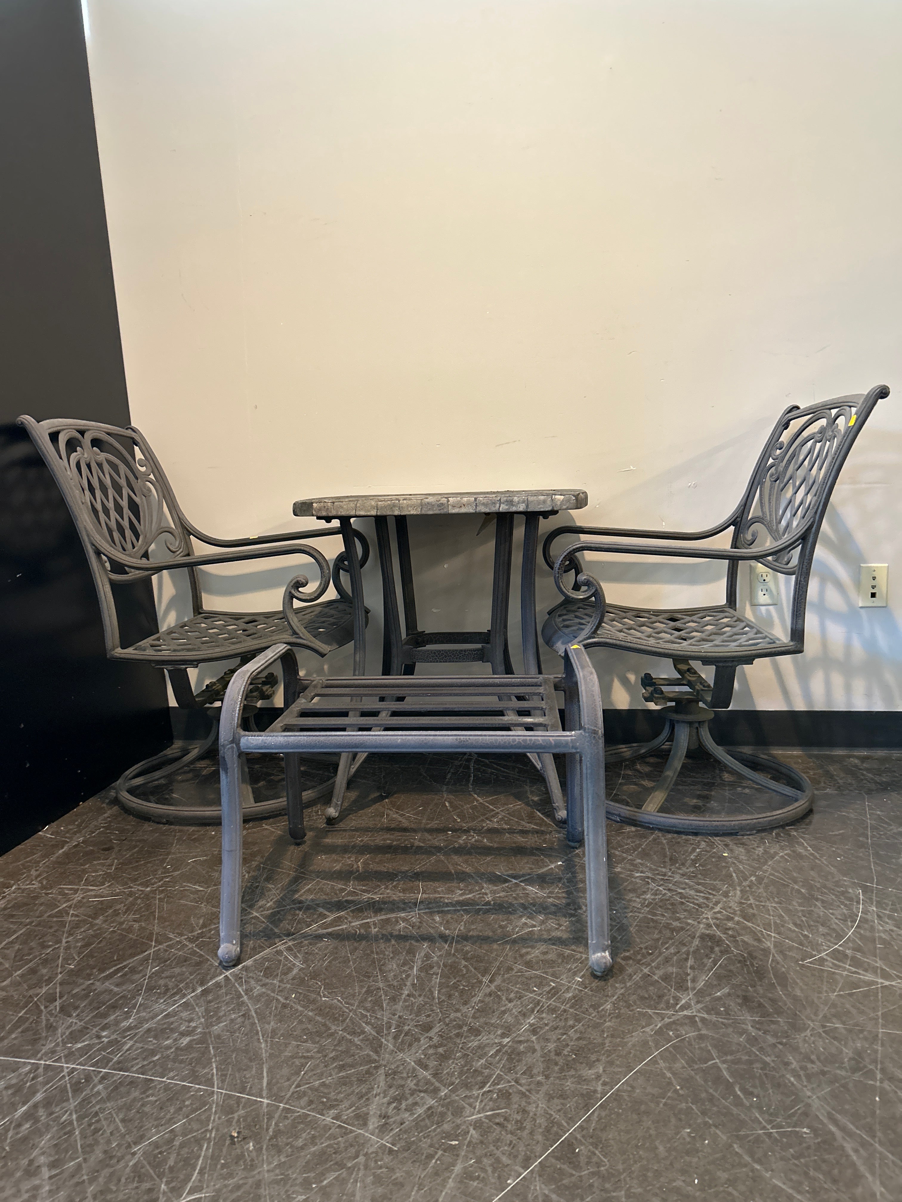 3-Piece Cast Aluminum Patio Set – Swivel Chairs, Faux-Stone Table