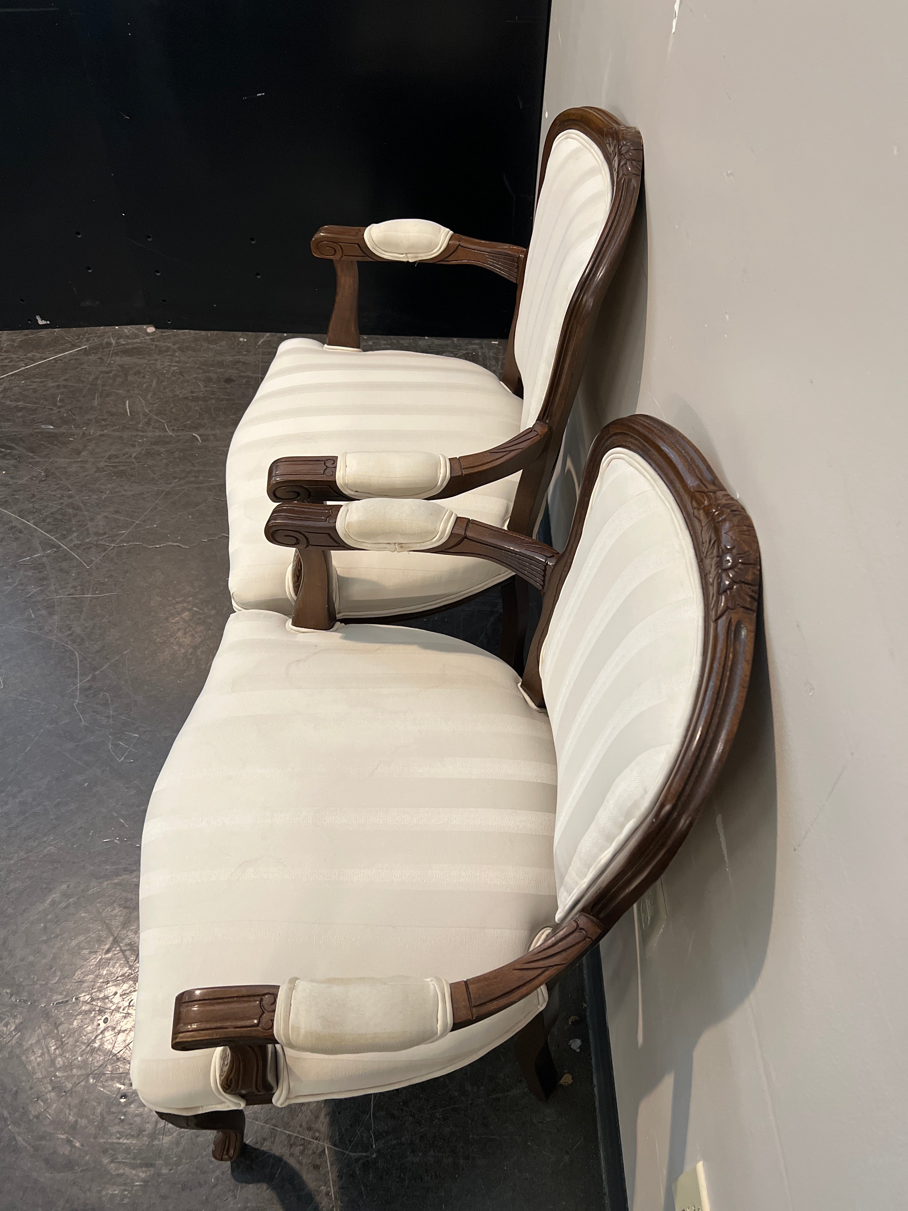 Brown Wooden Armchairs with Striped Upholstery