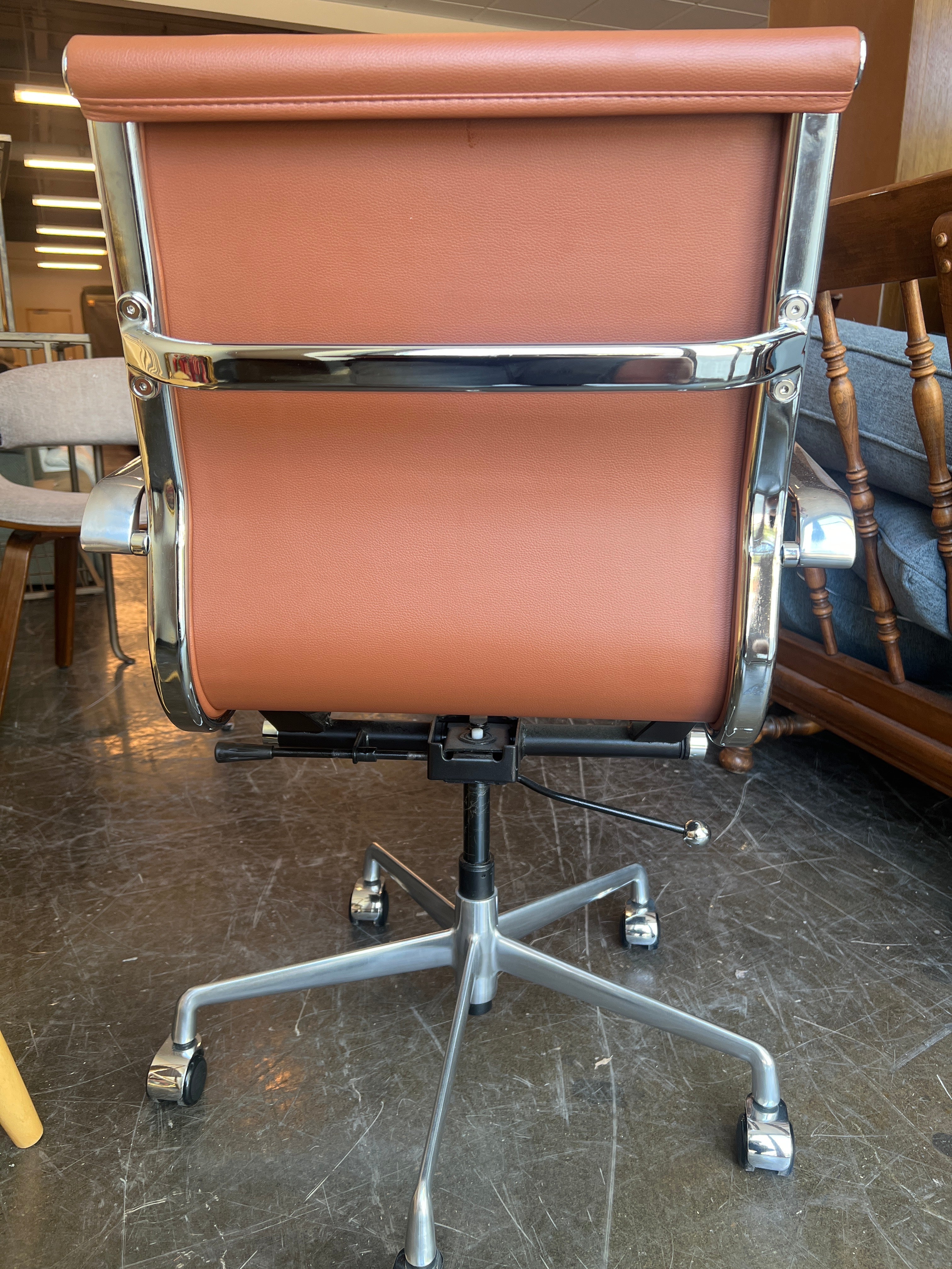 Mid-Century Modern Brown Leather Office Chair with Chrome Base