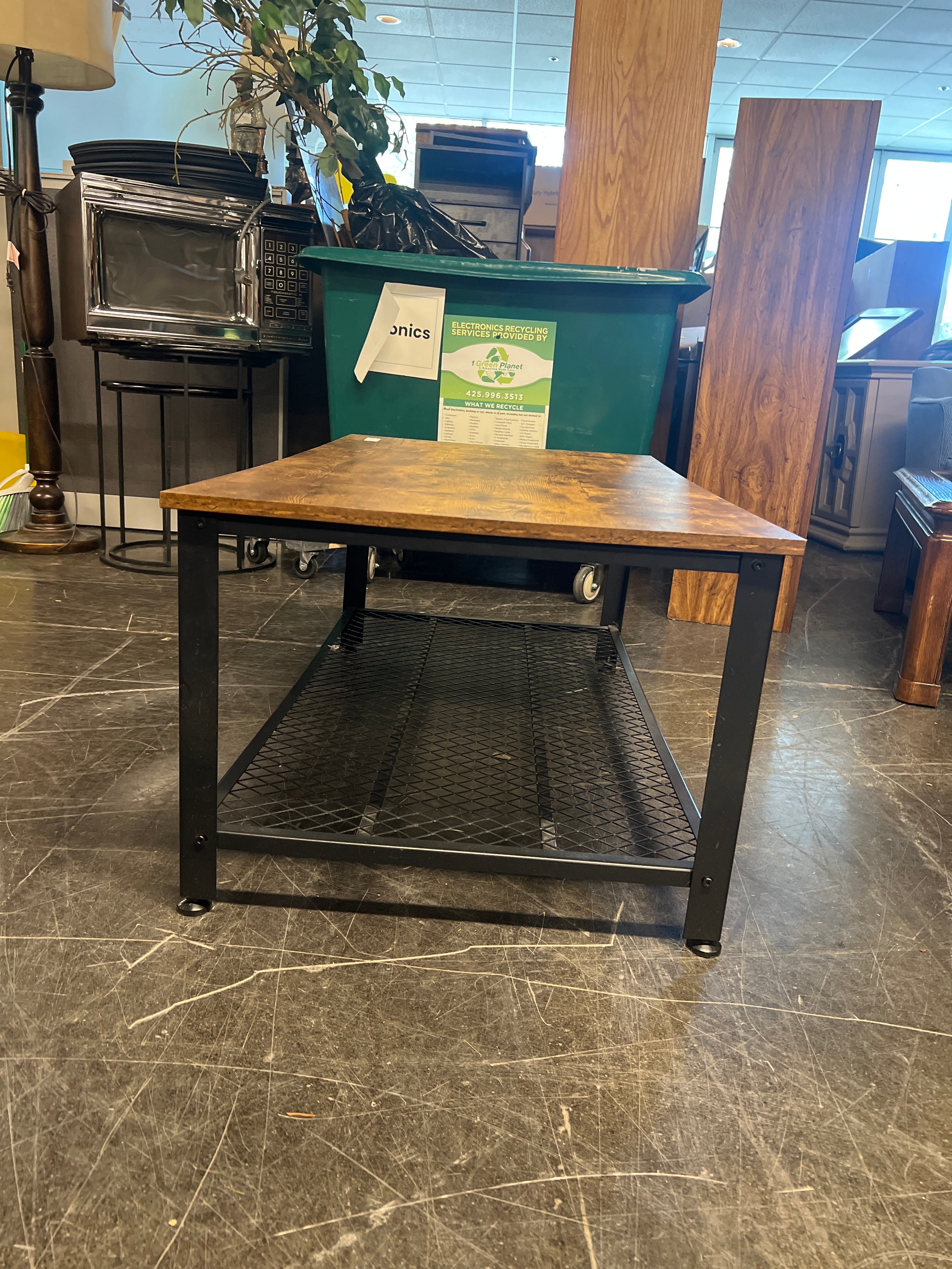 Rustic Wood & Metal Coffee Table with Mesh Shelf