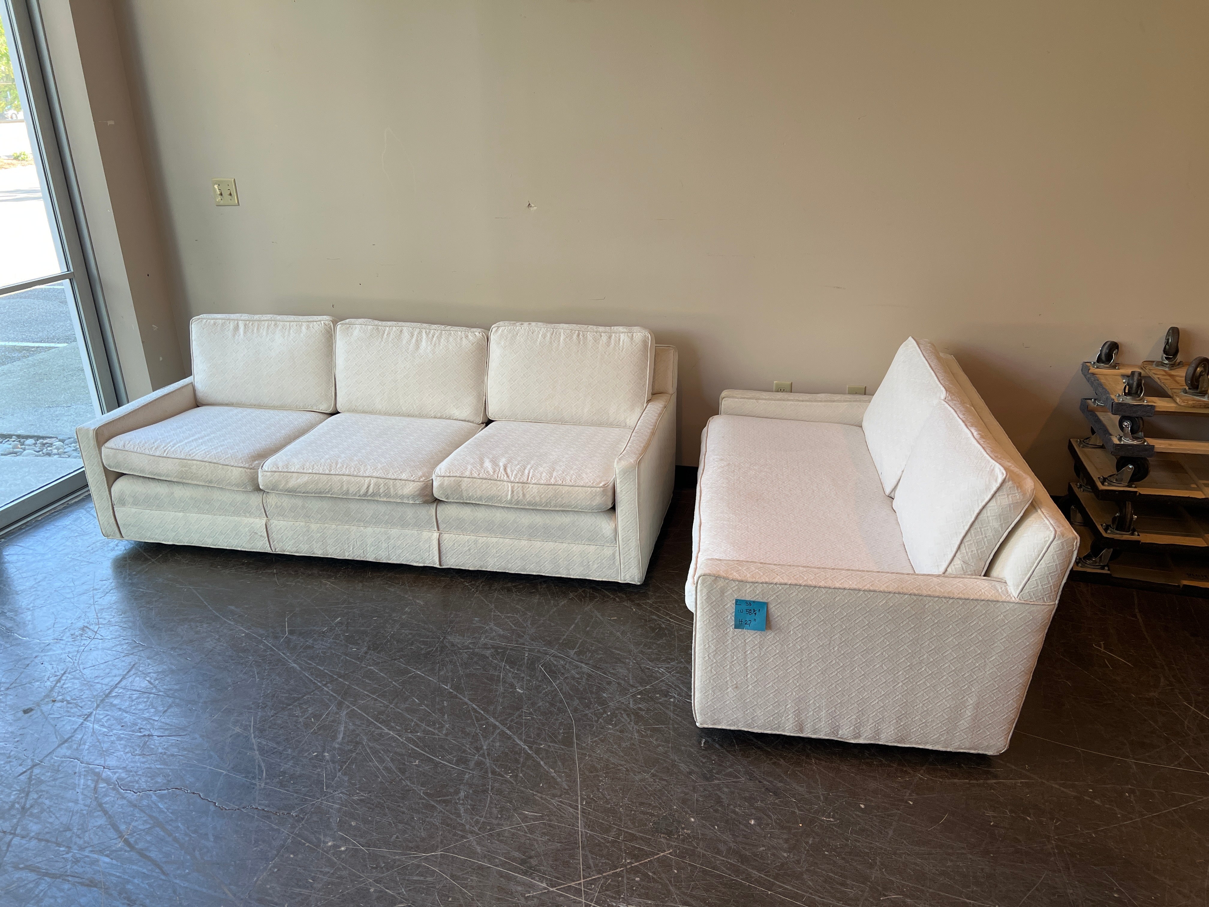 (Set of Two) Modern White Three Seater Couch and Loveseat on Wheels