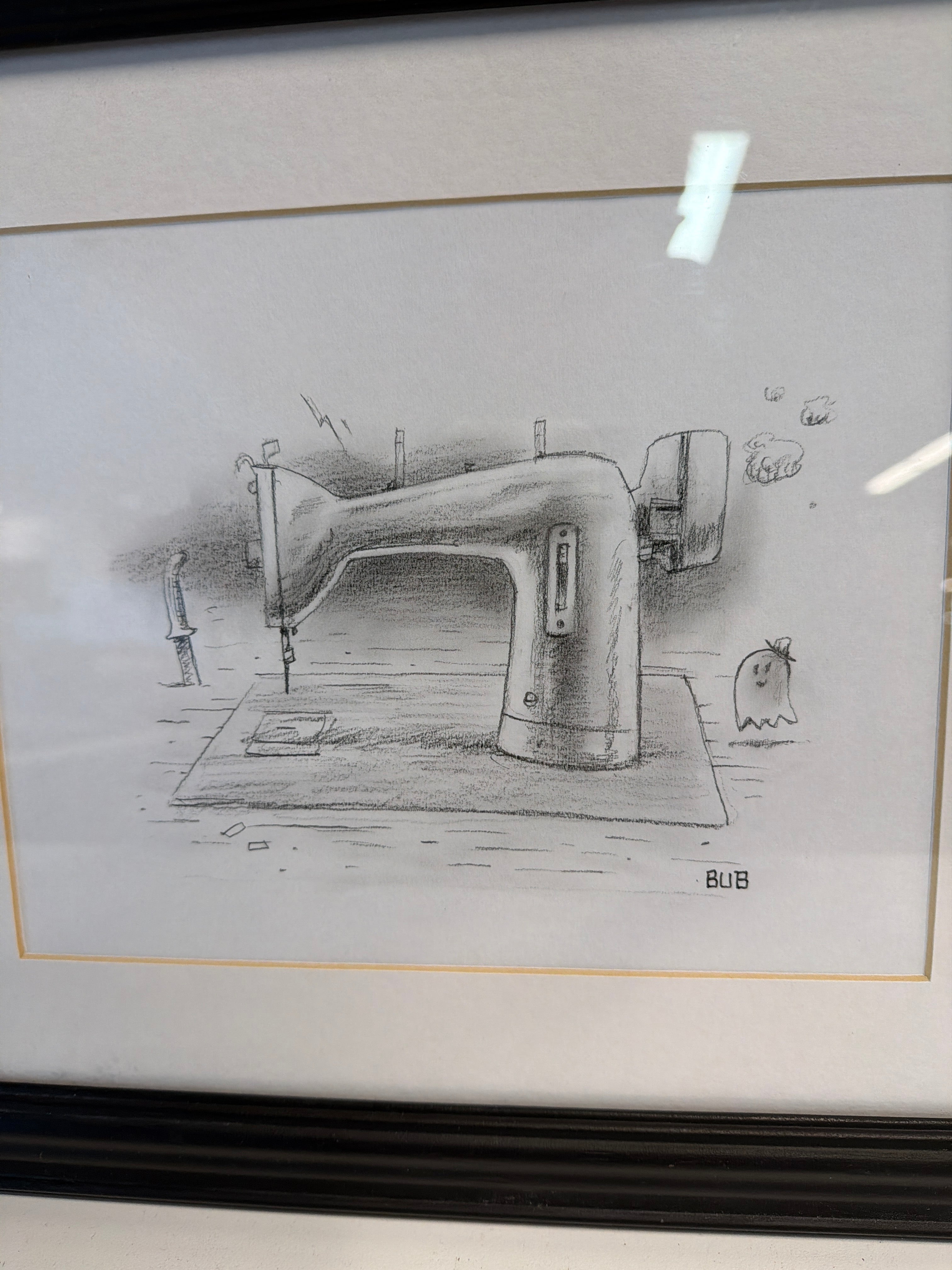 Whimsical BUB Sewing Machine Framed Pencil Sketch Artwork