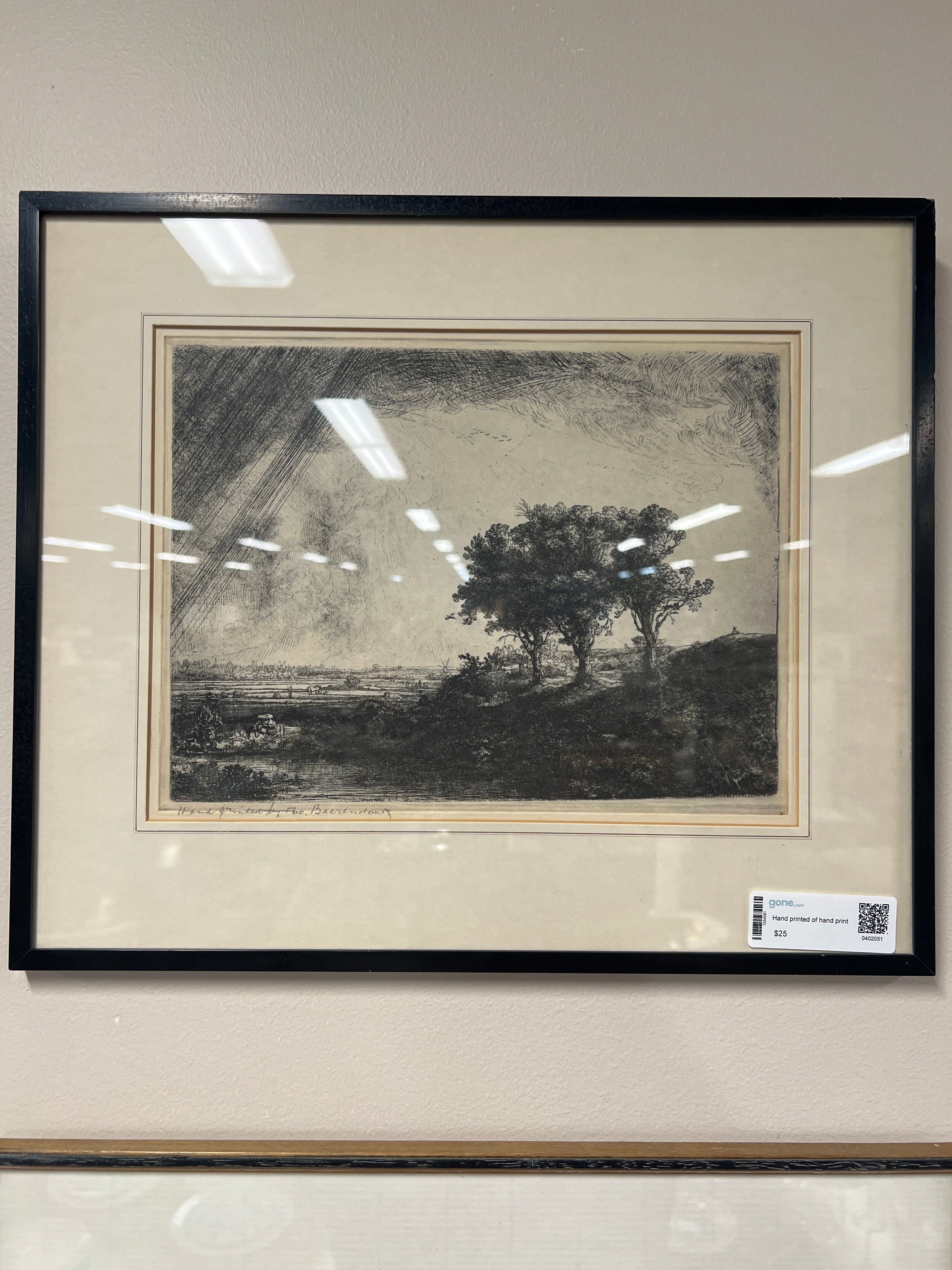 Black and White Hand Printing of Meadow With Three Trees